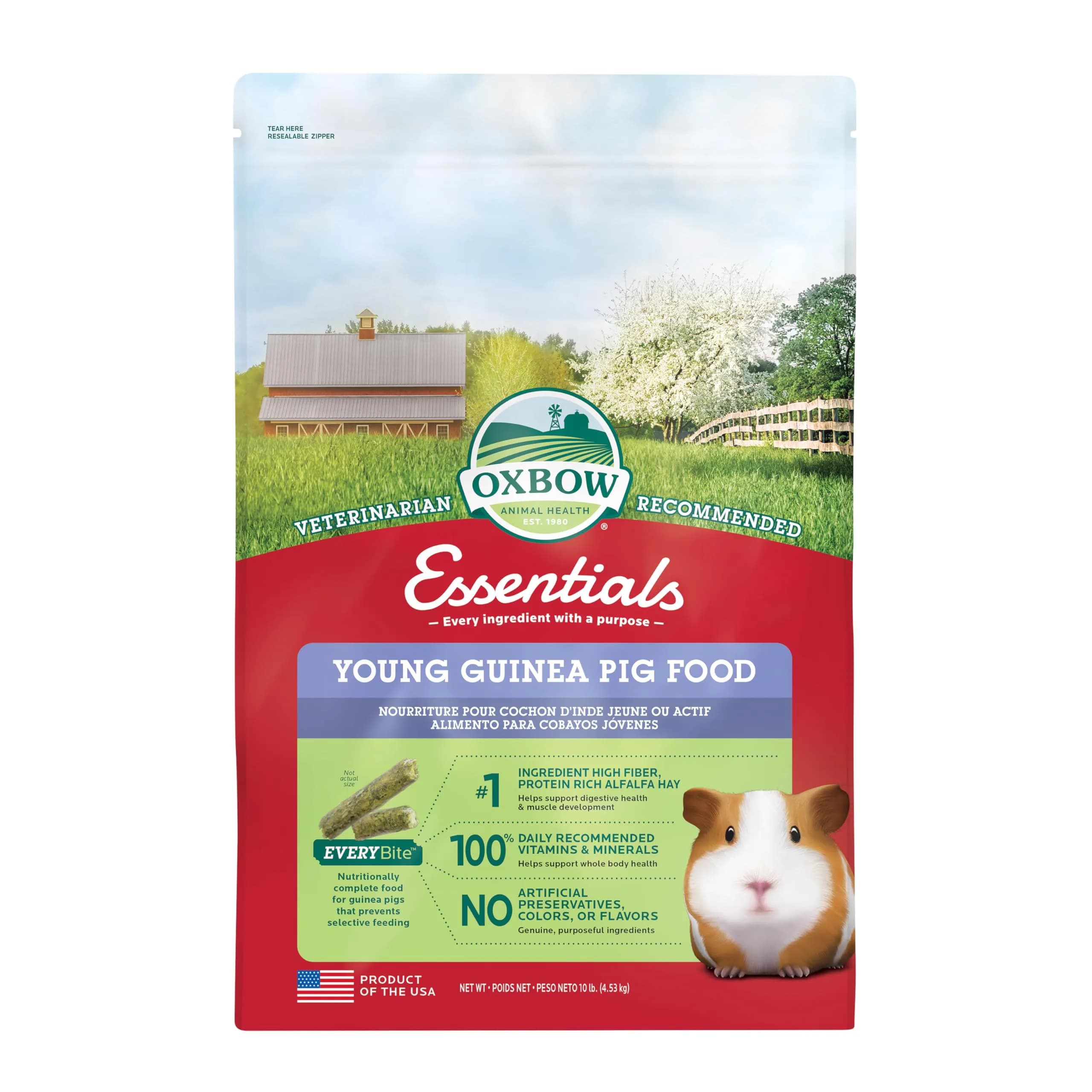 Oxbow Essentials Adult Guinea Pig Food, Timothy Hay Pellets, USA, 5 lb | Complete, High-Fiber Nutrition for Guinea Pigs — 10 Pound / Young