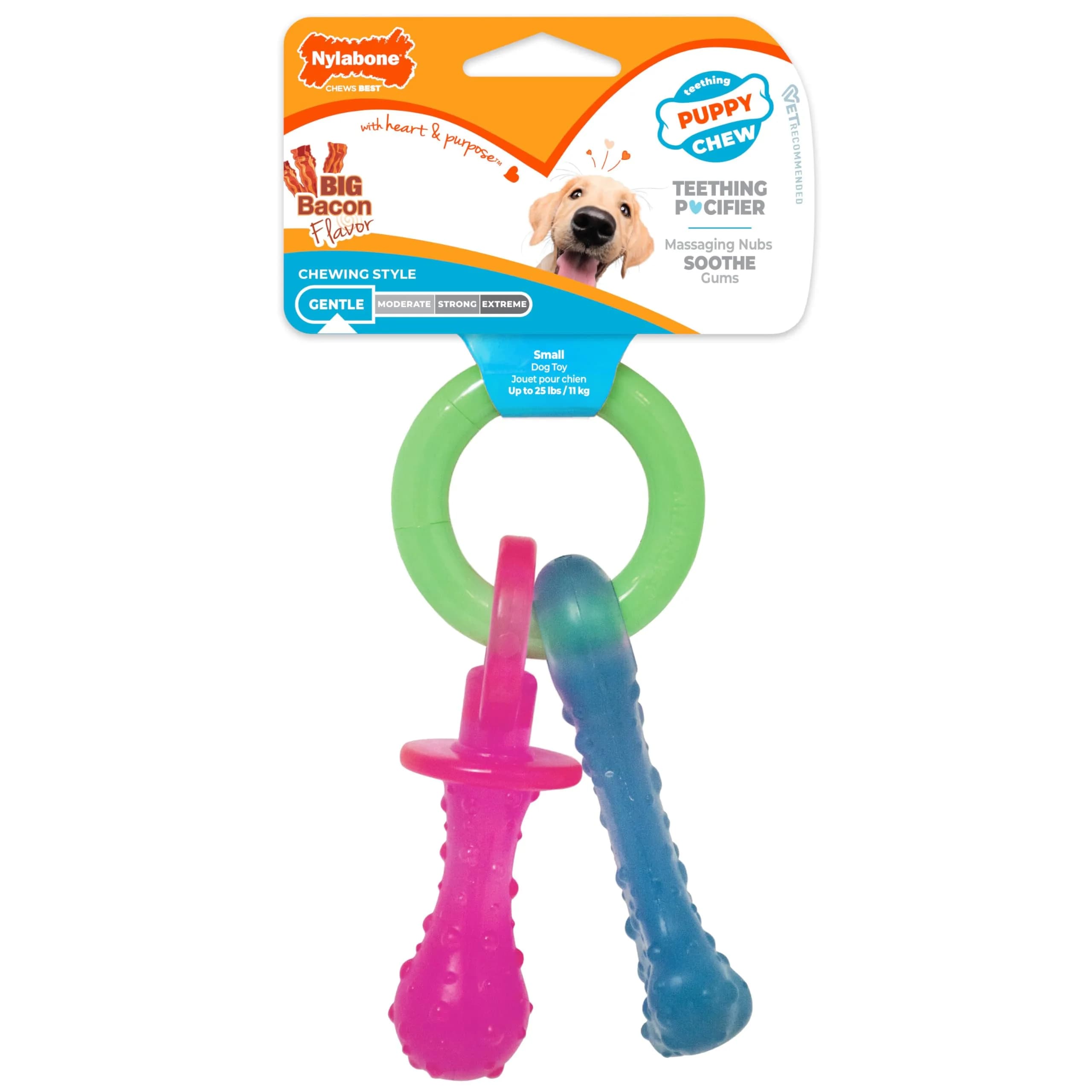 Nylabone Puppy Pacifier Chew Toy, Teething Toy for Puppies up to 25 lbs | Bacon Flavored, Soft Material, Textured Nubs - main product image