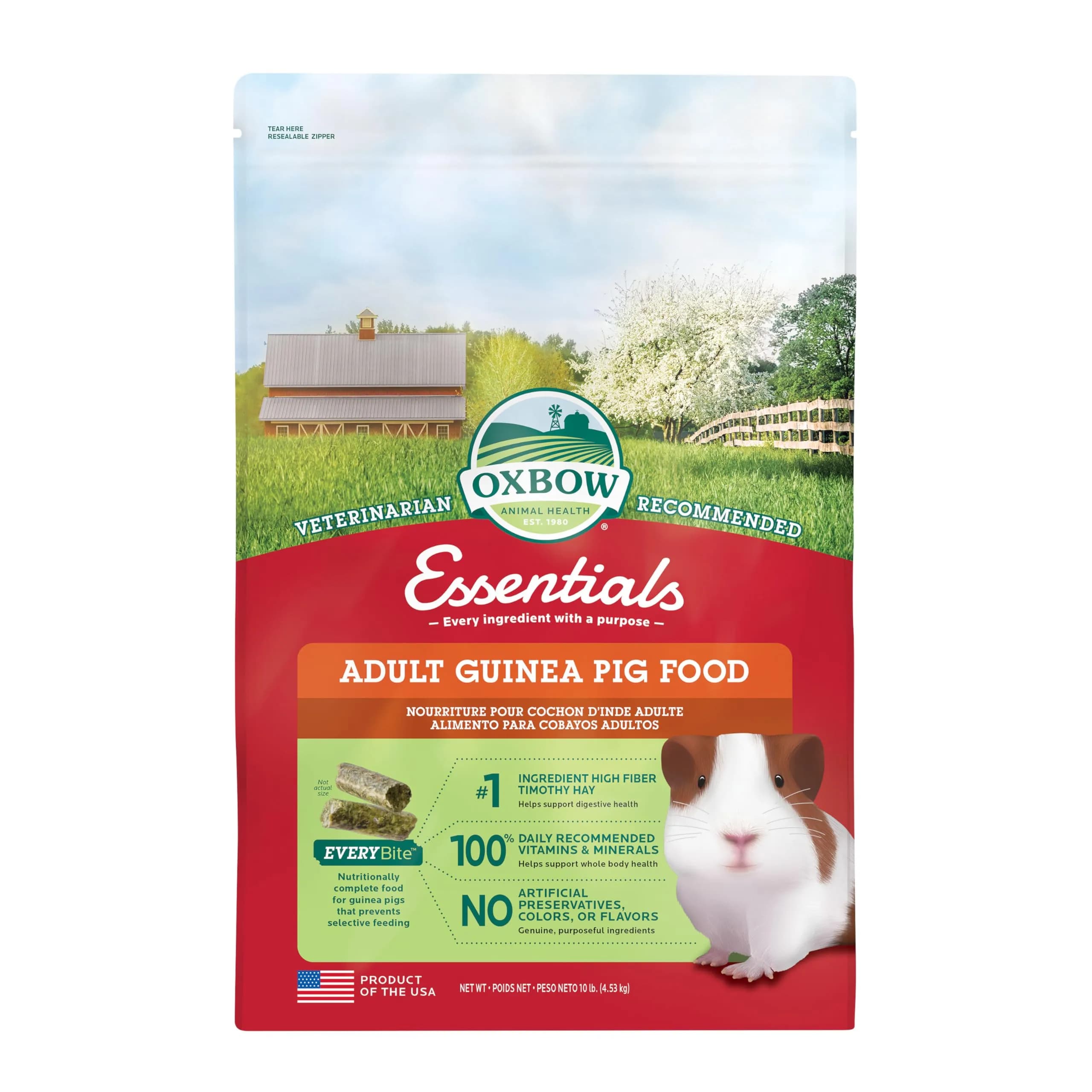 Oxbow Essentials Adult Guinea Pig Food, Timothy Hay Pellets, USA, 5 lb | Complete, High-Fiber Nutrition for Guinea Pigs — 10 Pound / Adult