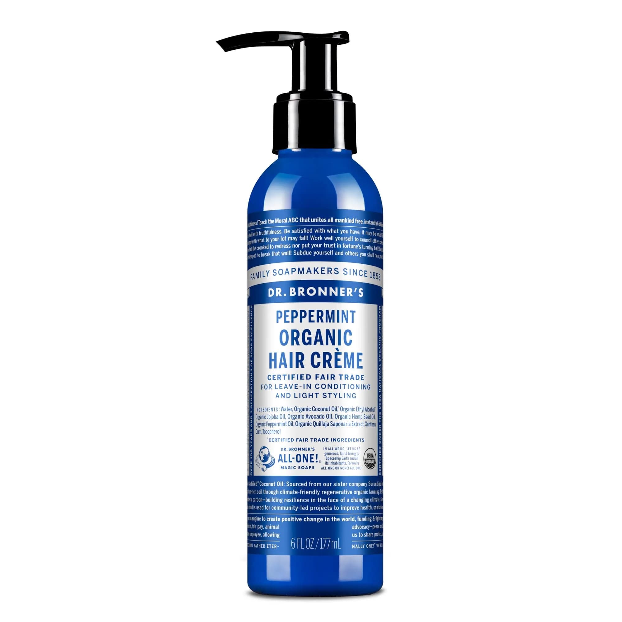 Dr. Bronner's Organic Hair Crème Leave-In Conditioner Styling Cream 177ml (6 Fl Oz) | USDA Organic, Peppermint Scent - main product image
