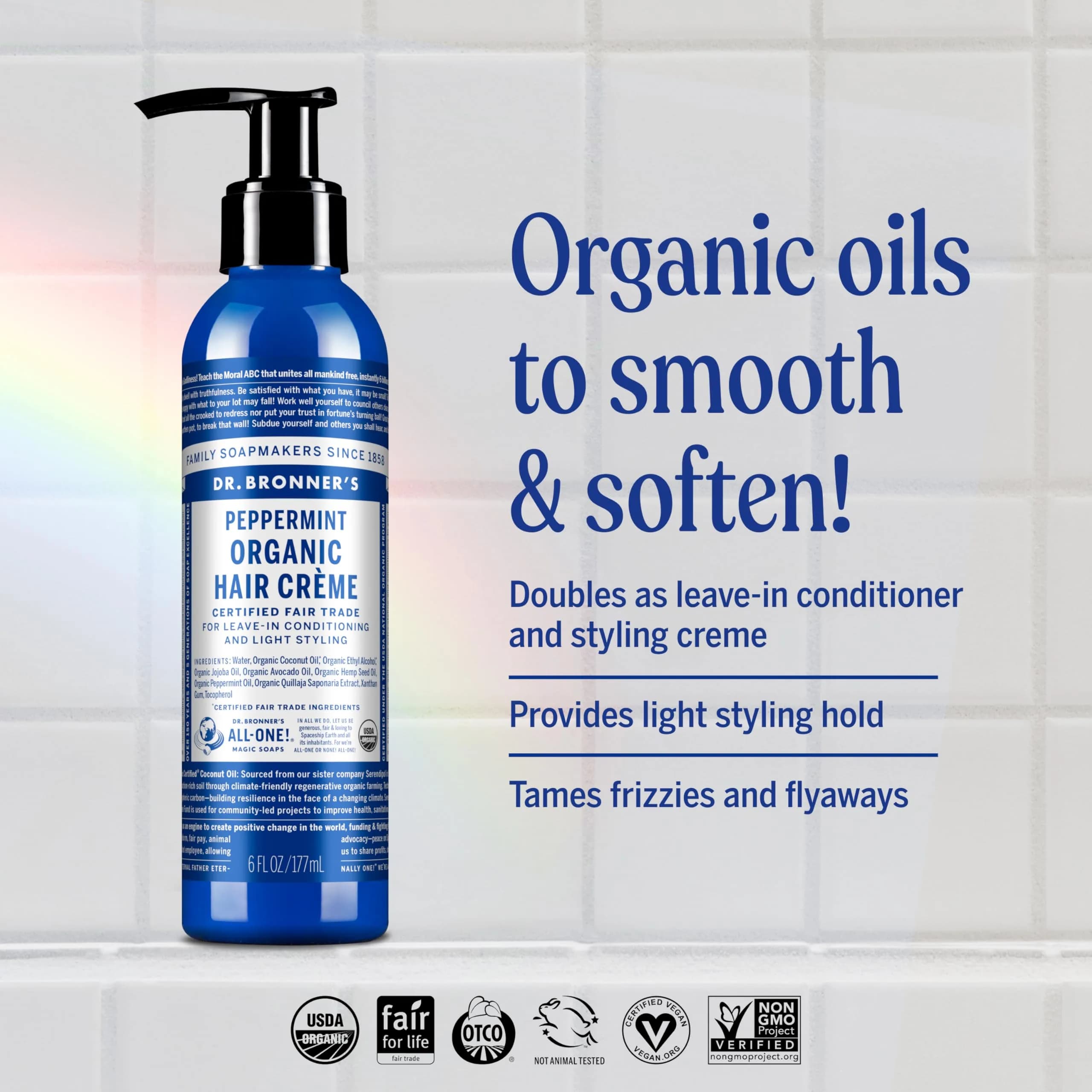 Dr. Bronner's Organic Hair Crème Leave-In Conditioner Styling Cream 177ml (6 Fl Oz) | USDA Organic, Peppermint Scent - view 2