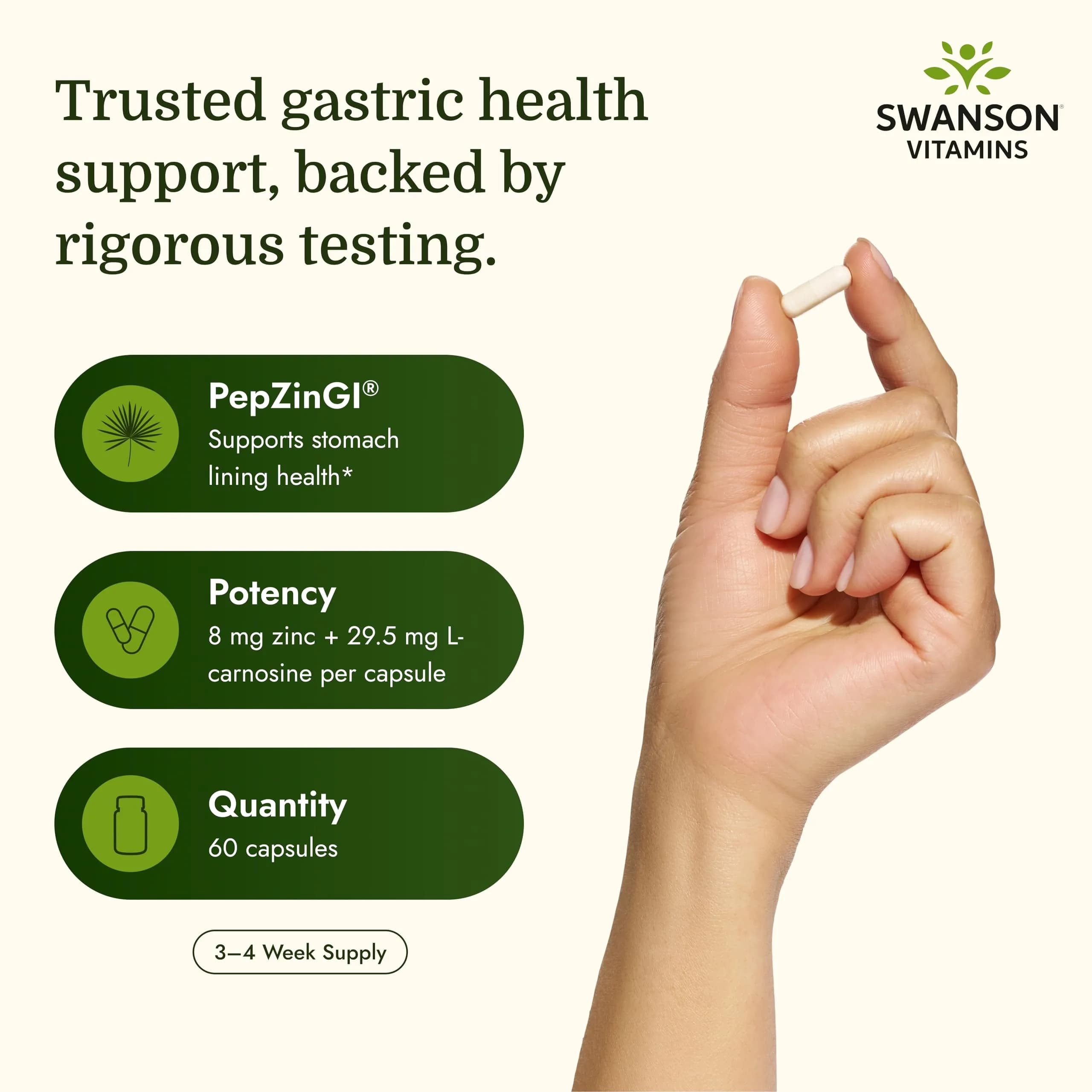 Swanson Zinc Carnosine PepZinGI Gastric Health Supplement 60 Capsules | Supports Stomach Lining & Digestive Wellness - view 3