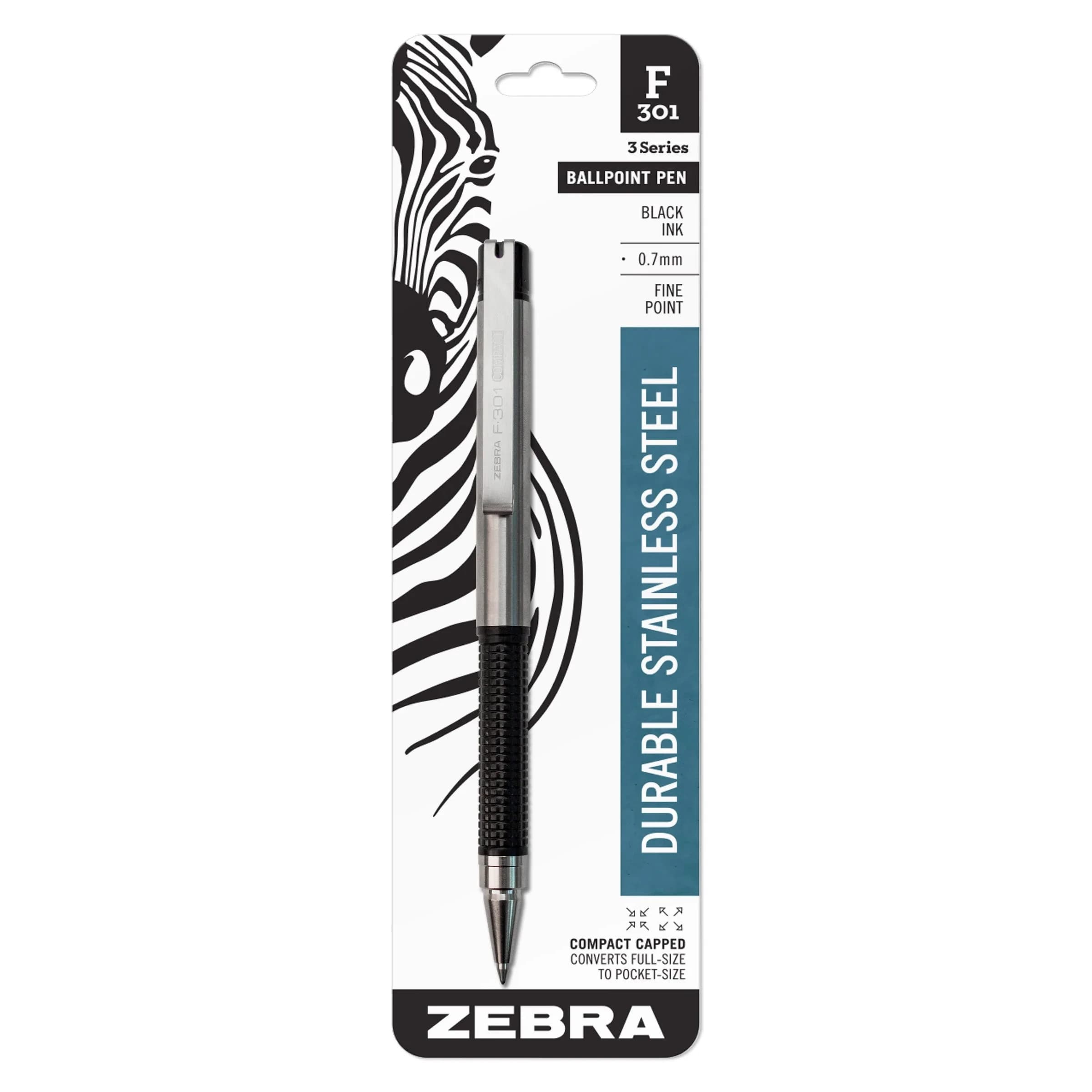 Zebra Pen F-301 Compact Ballpoint Pen Stainless Steel Fine Point 0.7mm Black | Easy-Glide Ink - main product image