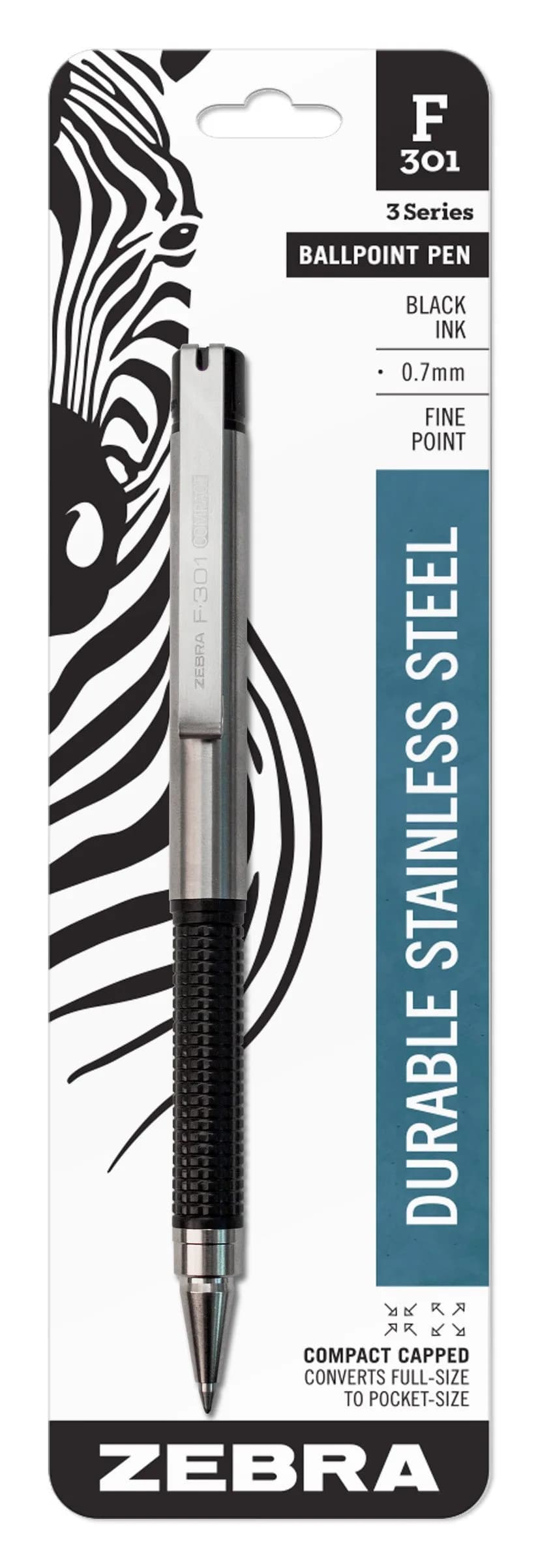 Zebra Pen F-301 Compact Ballpoint Pen Stainless Steel Fine Point 0.7mm Black | Easy-Glide Ink - main product image