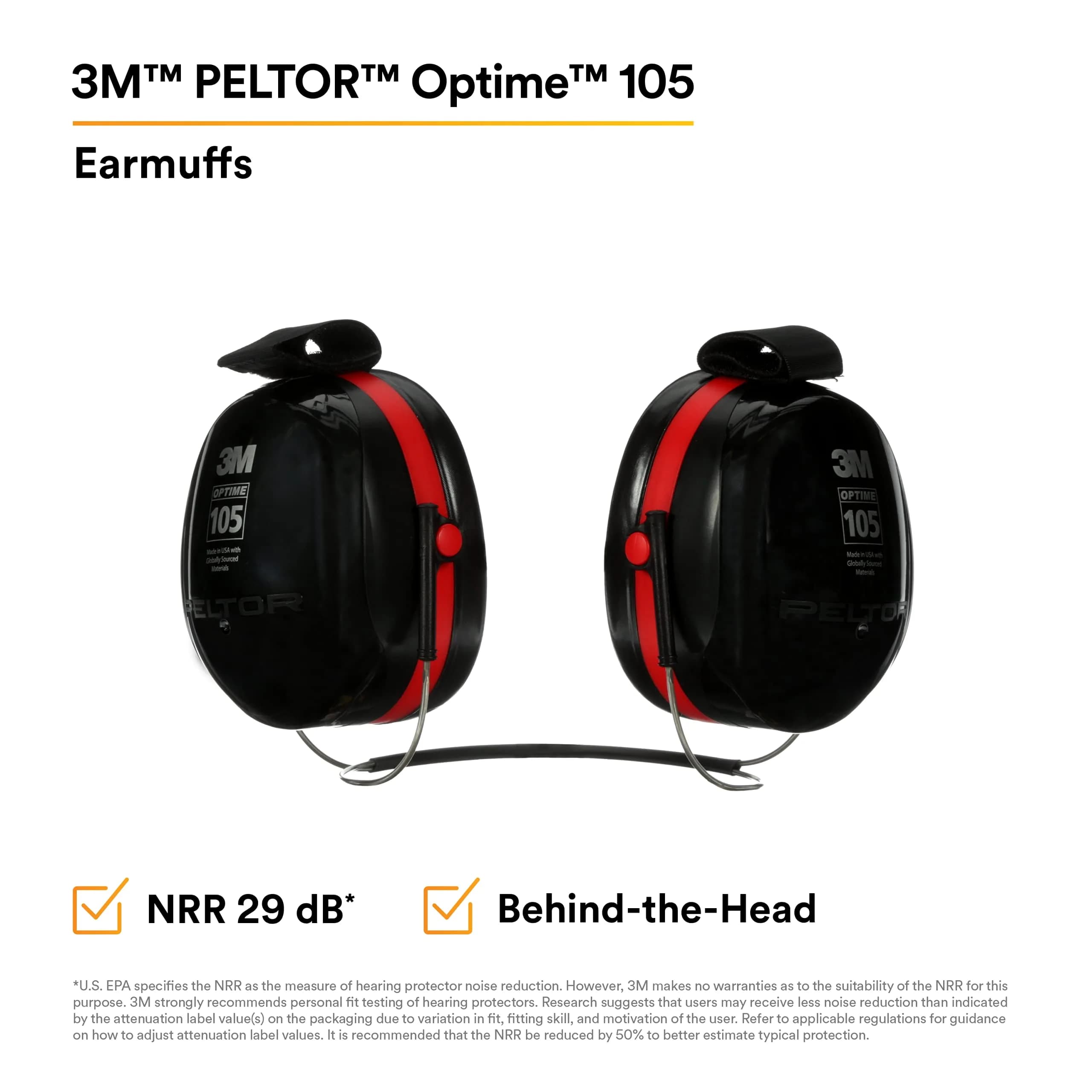3M Peltor Optime 105 Behind-the-Head Earmuff, 29 dB NRR | Industrial Noise Protection - view 2