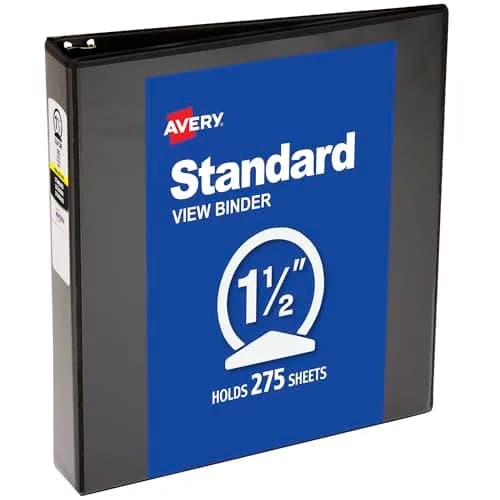 Avery Standard View 3 Ring Binder, 1.5" Round Rings, 275-Sheet Capacity, 2.1" Wide Spine, Black | Lightweight Organization for Office & School thumbnail 1