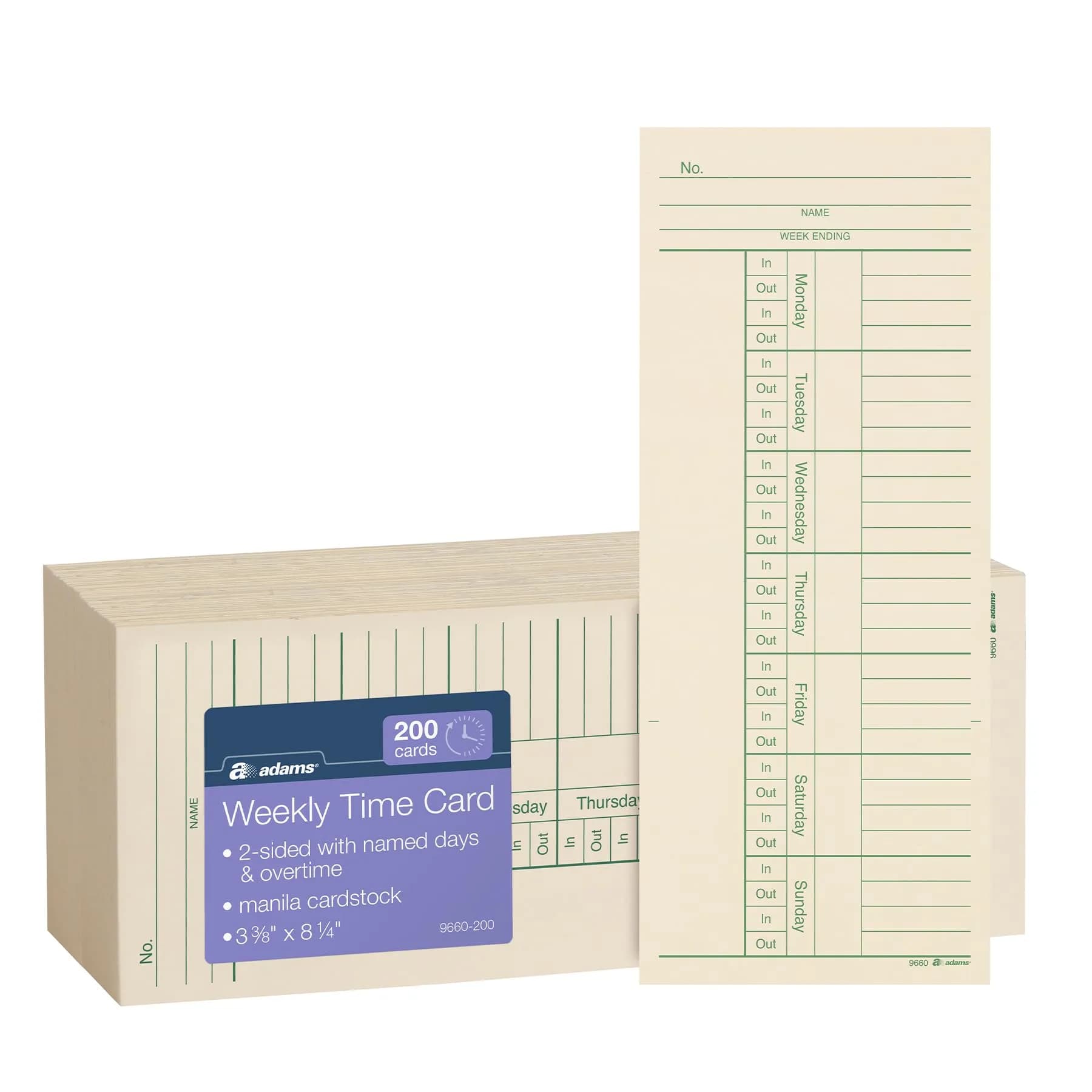 Adams Time Cards Weekly 2-Sided 3-3/8" x 8-1/4" Manila Green/Red Print | Professional Time Tracking Tool — Manila