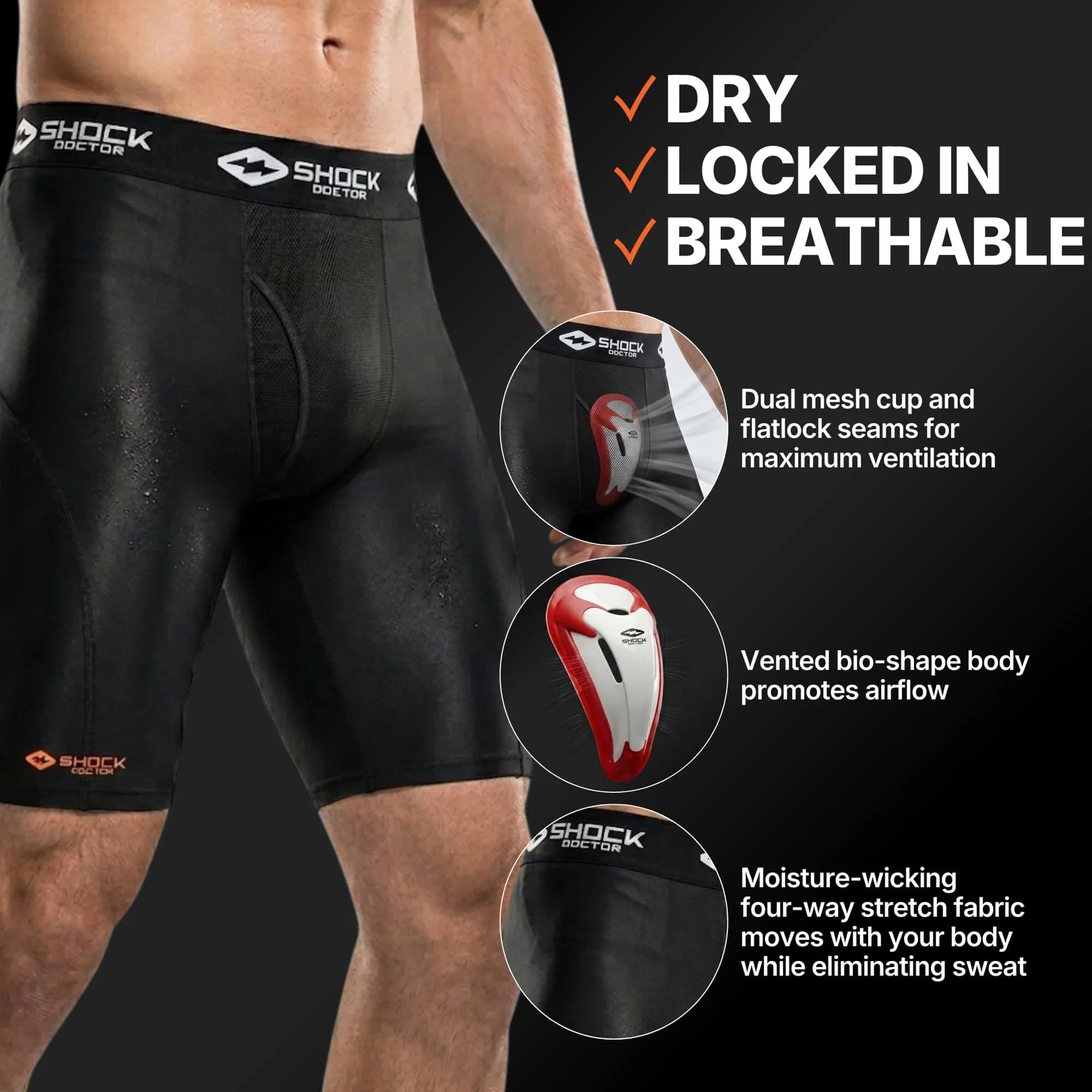 Shock Doctor Compression Shorts with Protective Bio-Flex Cup | Moisture Wicking Ventilated Support for Active Men thumbnail 6