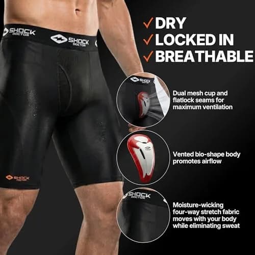 Shock Doctor Compression Shorts with Protective Bio-Flex Cup | Moisture Wicking Ventilated Support for Active Men thumbnail 6