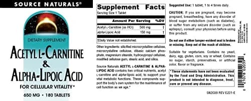 Source Naturals Acetyl L-Carnitine & Alpha-Lipoic Acid 650mg | Supports Metabolic Function, Vegetarian, 180 Tablets thumbnail 4