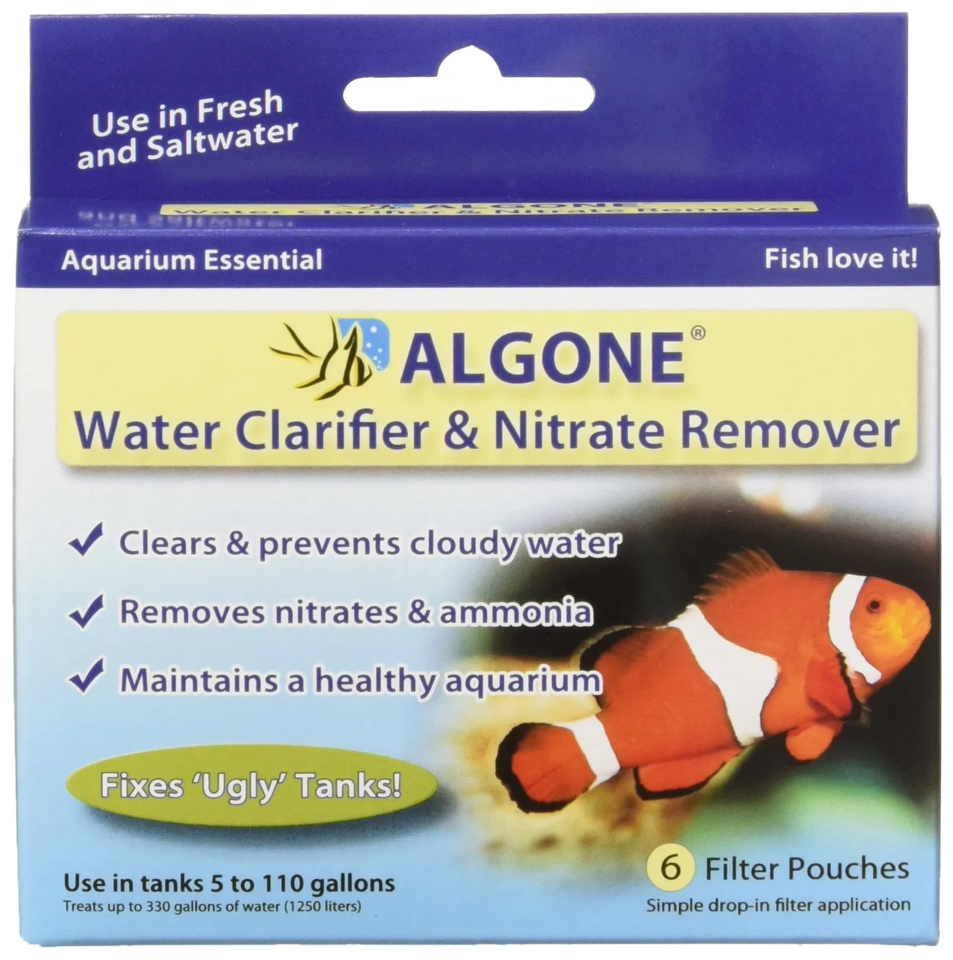 Algone Aquarium Water Clarifier and Nitrate Remover, 6 Filter Pouches (12 Pouches Total) | Clears Cloudy & Green Water - main product image