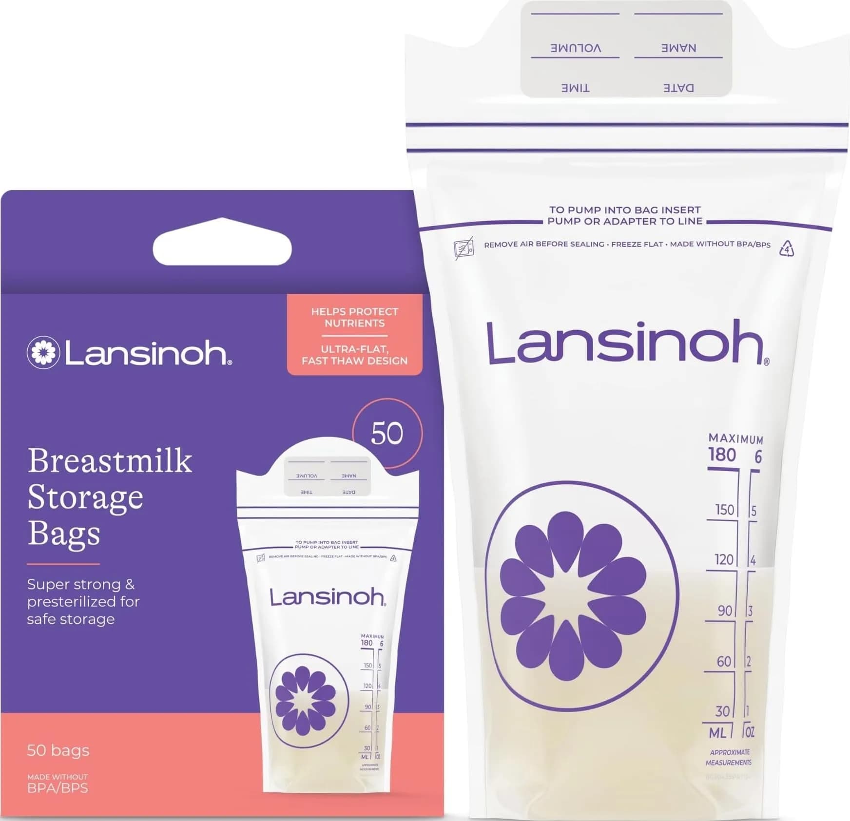 Lansinoh Breastmilk Storage Bags 6oz (177ml) 50 Count | BPA/BPS-Free Double Zipper Seal