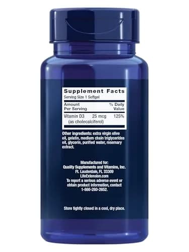 Life Extension Vitamin D3 25 mcg (1000 IU) | Supports Bone, Brain & Immunity, Non-GMO, 250 Softgels thumbnail 2