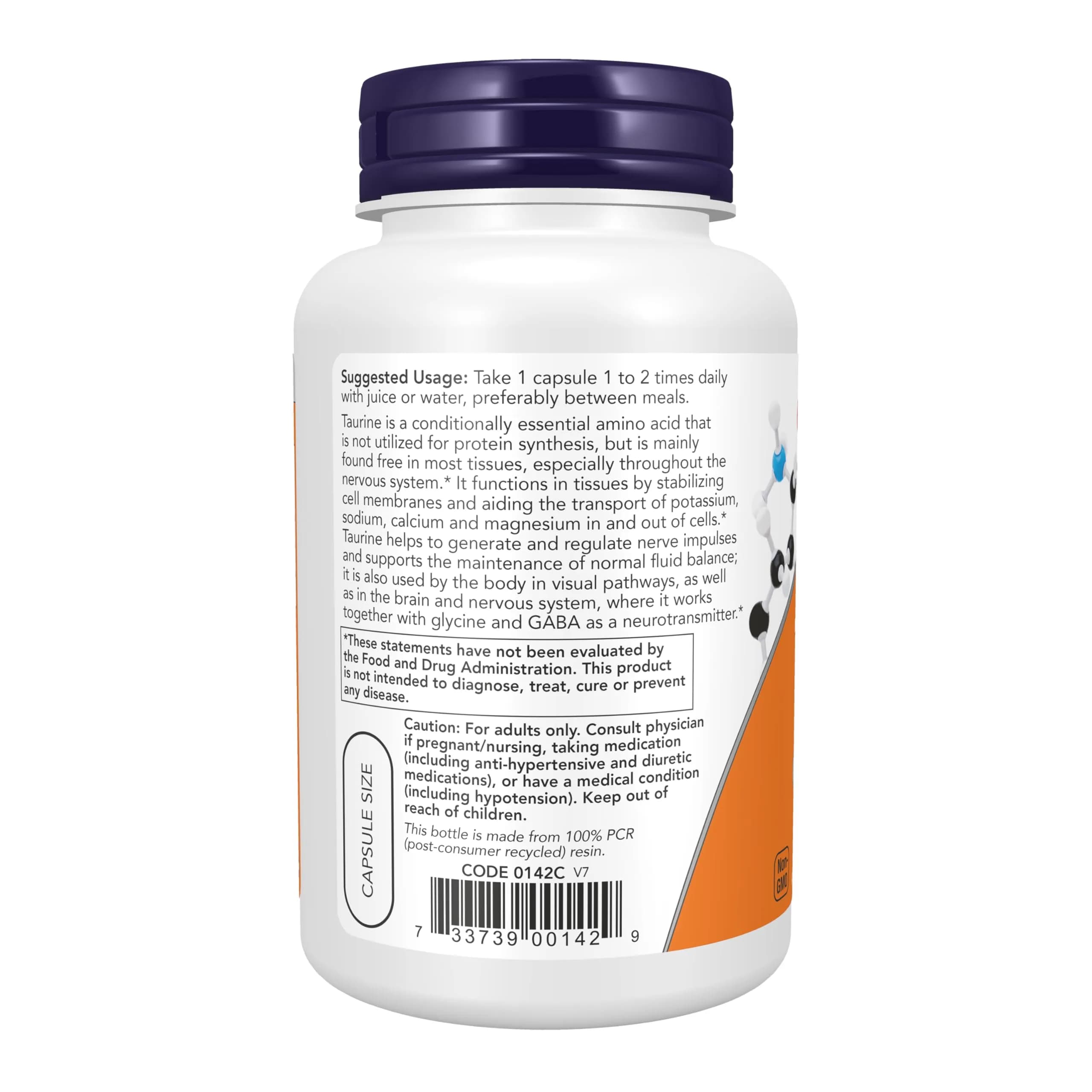 NOW Foods Taurine 1,000 mg Double Strength Veg Capsules | Nervous System & Visual Health Support - view 3