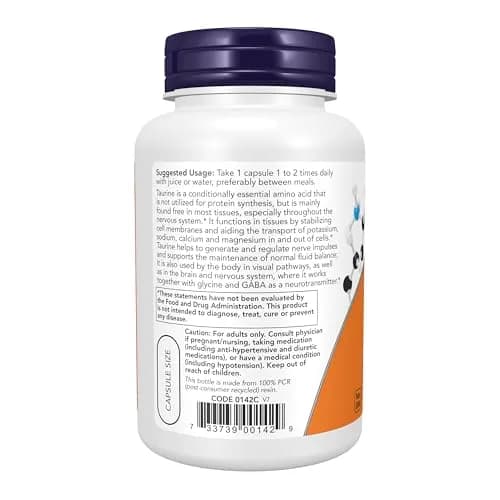 NOW Foods Taurine 1,000 mg Double Strength Veg Capsules | Nervous System & Visual Health Support thumbnail 3