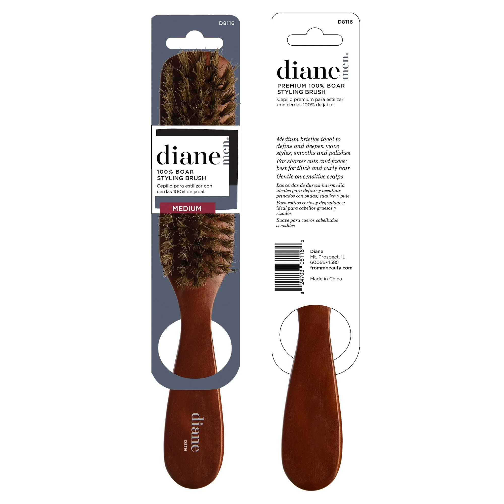 Diane Premium 100% Boar Bristle Styling Brush for Men & Barbers – Medium Bristles for Thick Coarse Hair – 5-Row, Wood Handle | Detangles, Smooths, Adds Shine - view 6