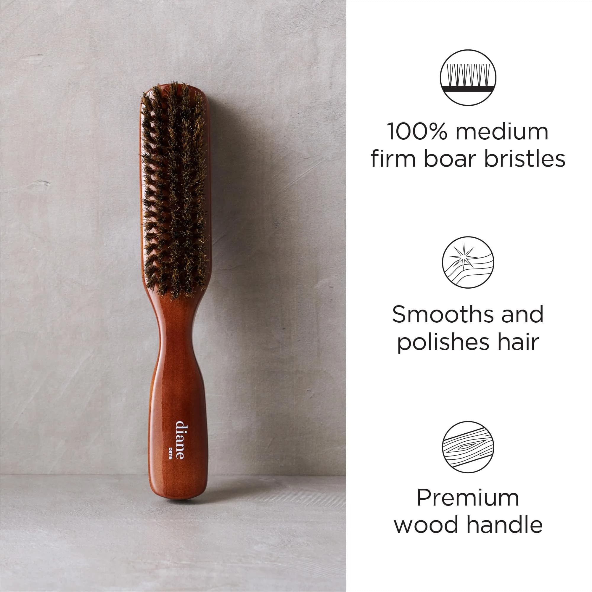 Diane Premium 100% Boar Bristle Styling Brush for Men & Barbers – Medium Bristles for Thick Coarse Hair – 5-Row, Wood Handle | Detangles, Smooths, Adds Shine - view 2