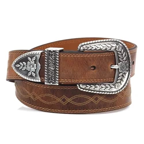 ARIAT Women's Center Stitch Leather Belt 36 | Western Style, Silver Buckle, Brown Leather thumbnail 1