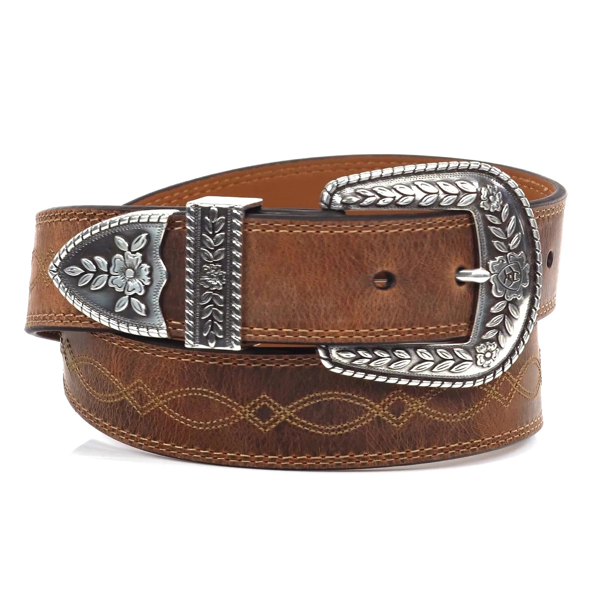 ARIAT Women's Center Stitch Leather Belt 36 | Western Style, Silver Buckle, Brown Leather