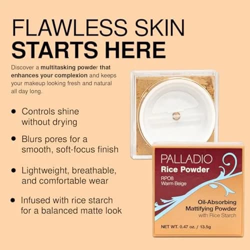 Palladio Rice Powder Loose Setting Powder Warm Beige | Absorbs Oil, Mattifies Face, Extends Makeup Wear thumbnail 8