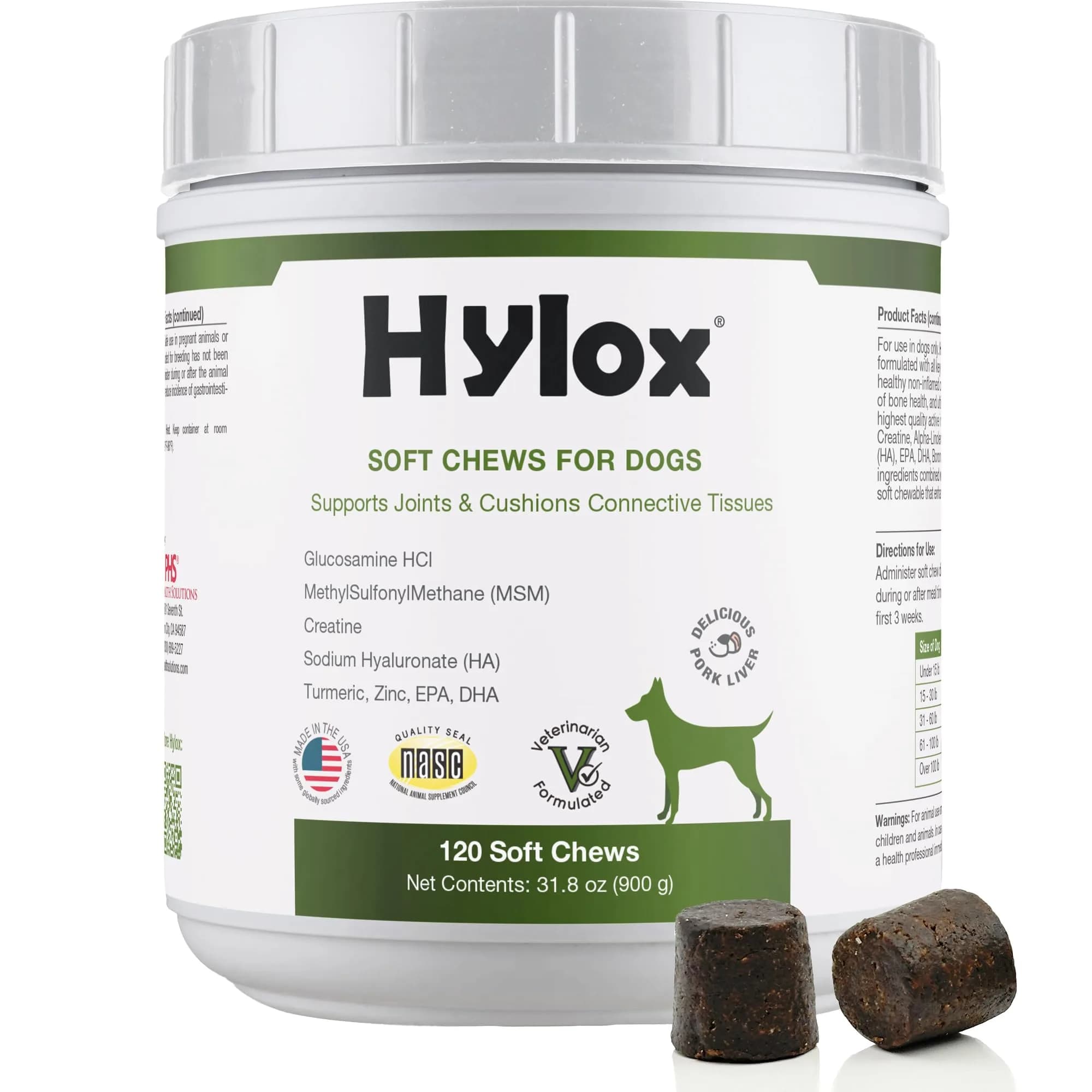 Hylox Soft Chews for Dogs – Joint Support with Glucosamine, MSM, Creatine, Hyaluronic Acid, Turmeric, EPA & DHA – Supports Joints & Cushions Connective Tissues – NASC Certified – 120 Soft Chews - main product image