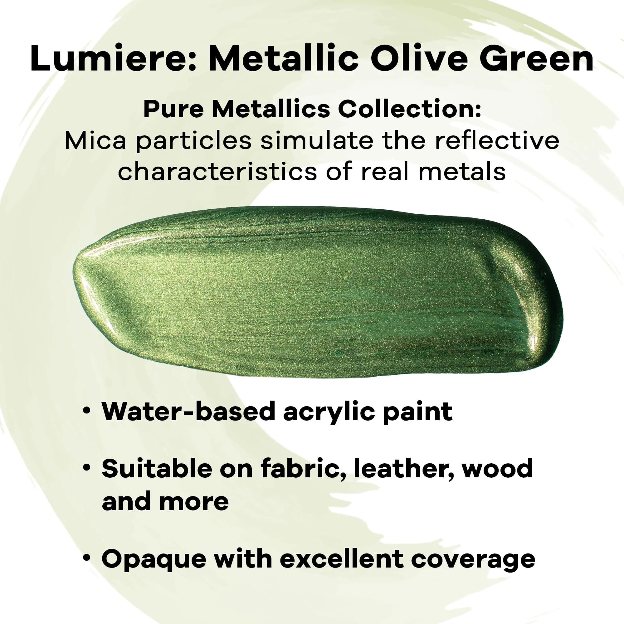 Jacquard Lumiere Fabric Paint Metallic Olive Green 66ml (2.25 Fl Oz) | Opaque Metallic Acrylic for Fabric, Leather, Canvas, Paper, Wood - view 2