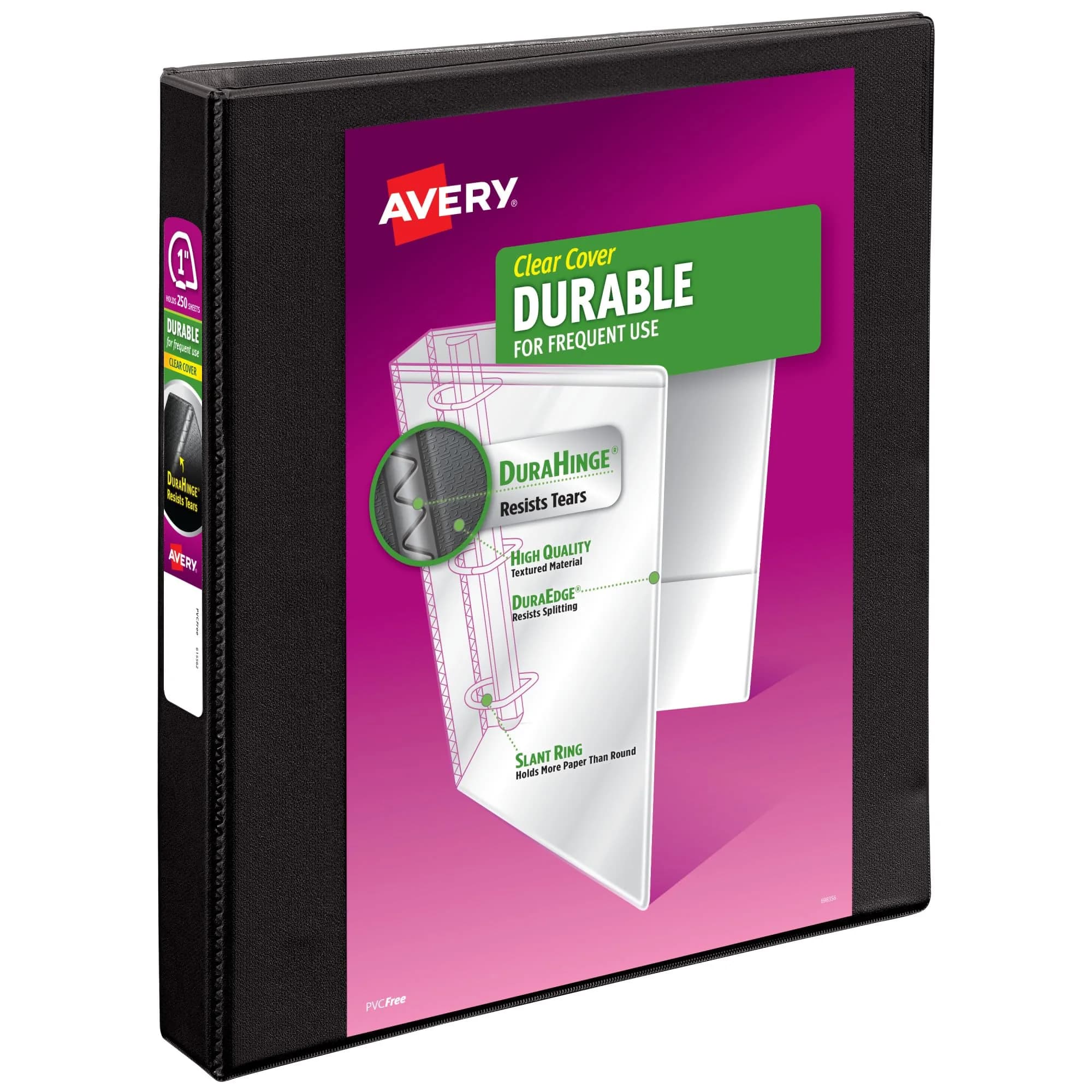 Avery Durable View 3 Ring Binder, 1" Slant Rings, 250 Sheet Capacity, Black | Tear-Resistant Spine & Edges