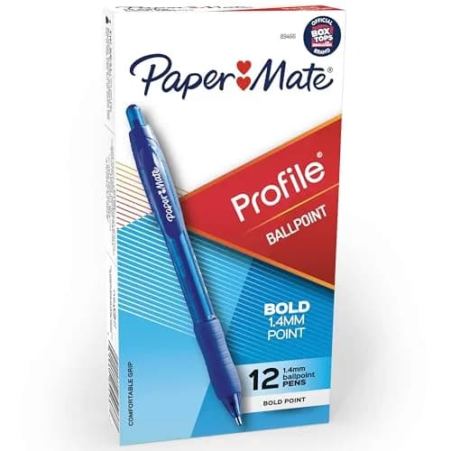 Paper Mate Profile Retractable Ballpoint Pens, Bold 1.4mm Blue Ink, 12 Count | Smooth Ink Flow for Students & Office - main product image
