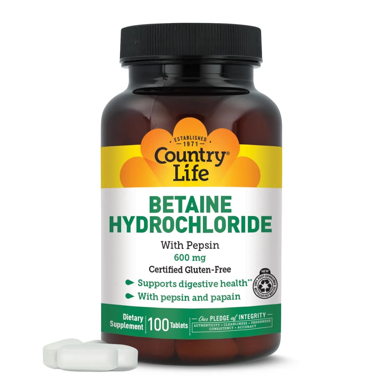Country Life Betaine Hydrochloride with Pepsin 600mg 100 Tablets | Certified Gluten Free Nutritional Supplement - main product image