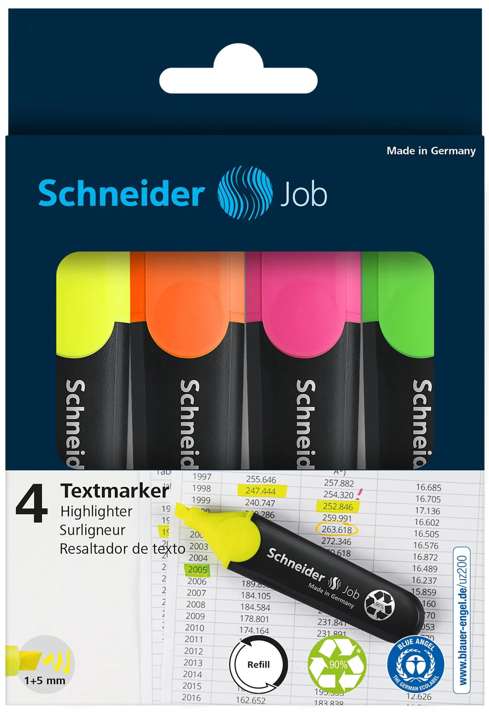 Schneider Job Highlighters, Chisel Tip, 1-5 mm, Pack of 4 | Fade-Resistant Ink for Students & Office - view 5