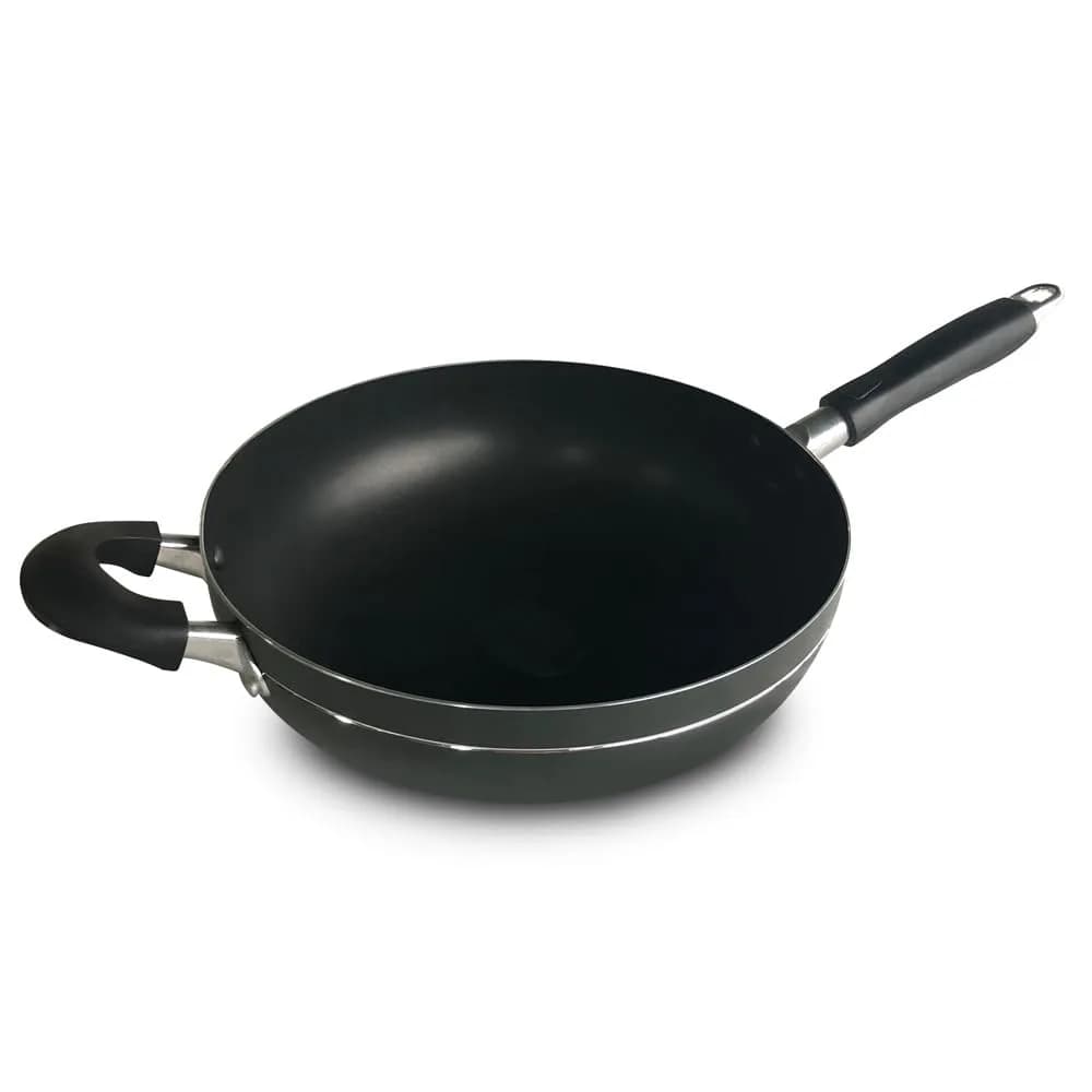 Bene Casa Wok 12-inch Aluminum Non-Stick Stir-Fry Pan | Stay Cool Double Handle Oven Safe — Black