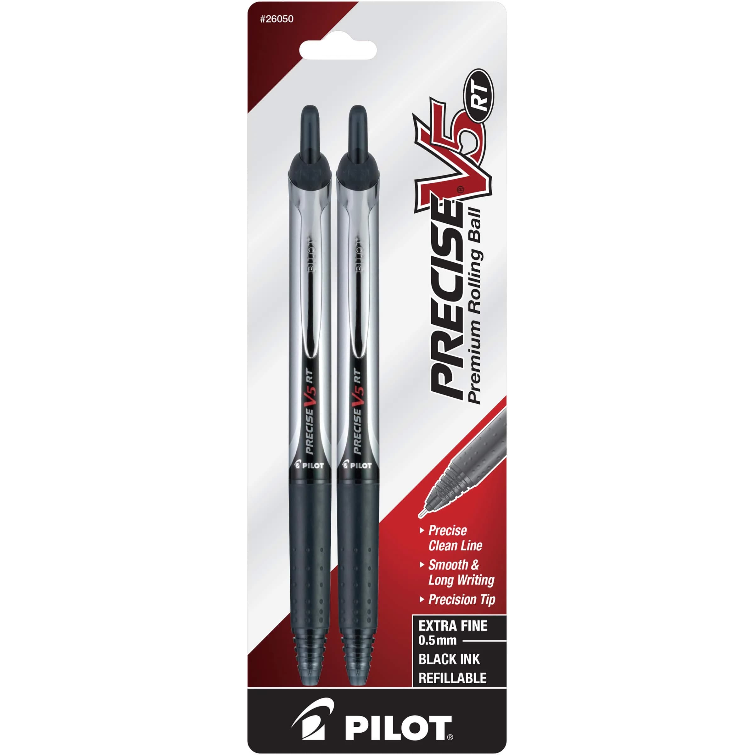 Pilot Precise V5 RT Rollerball Pens, Extra Fine 0.5mm Black, Pack of 2 | Smooth Ink Flow for Office & Journaling - main product image