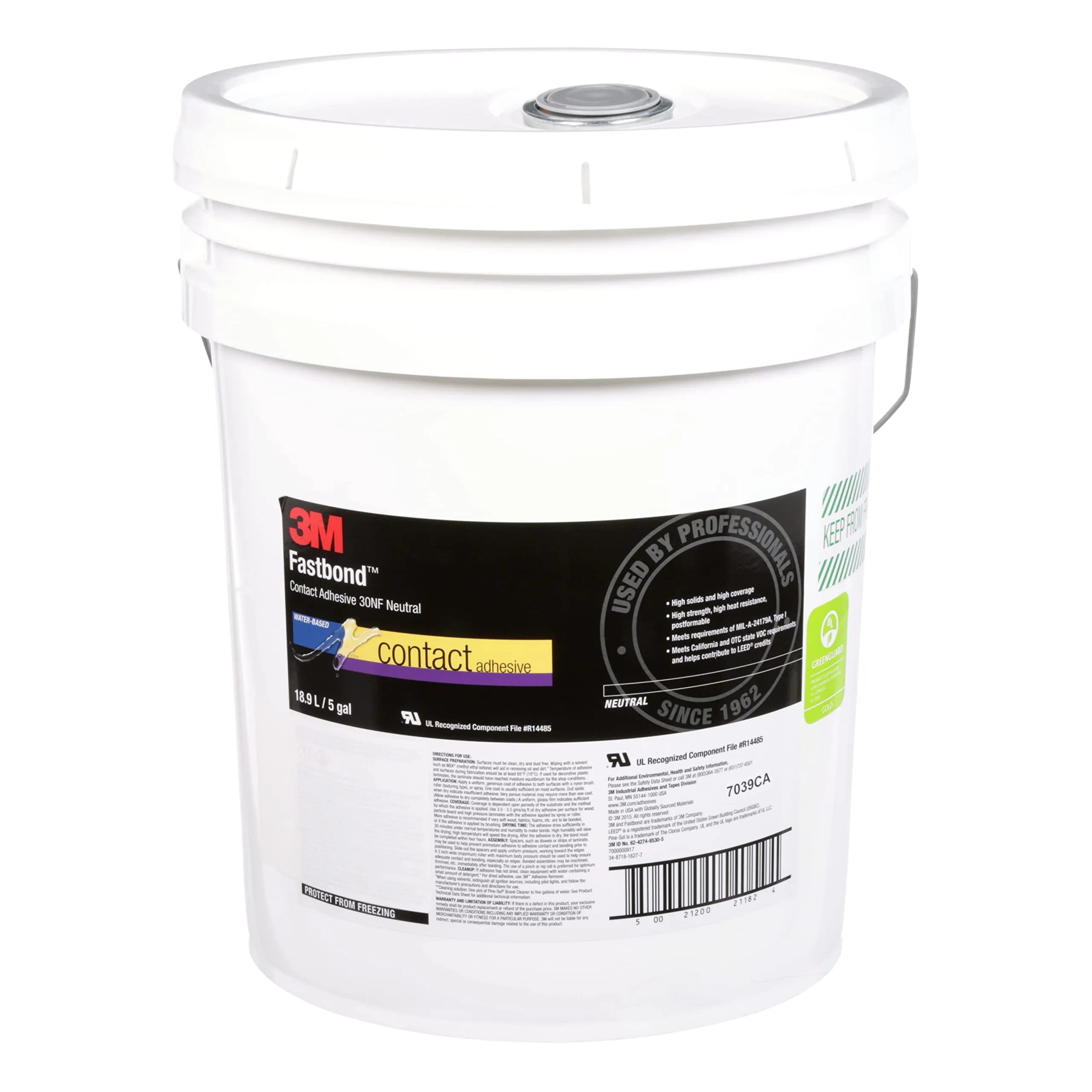 3M Fastbond Contact Adhesive 30NF, Green, 270 Gallons | Industrial Strength Water-Based Adhesive for Multiple Substrates — Neutral / ('5 Gallon Pail')