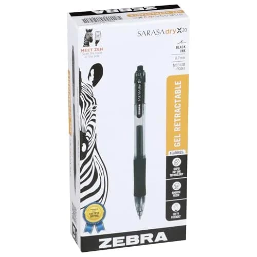 Zebra Pen SARASA Dry X20 Retractable Gel Pen 0.7mm (12-Pack, Black Ink) | Rapid Dry Ink, Smear-Resistant, Ideal for Left-Handed Writers thumbnail 1