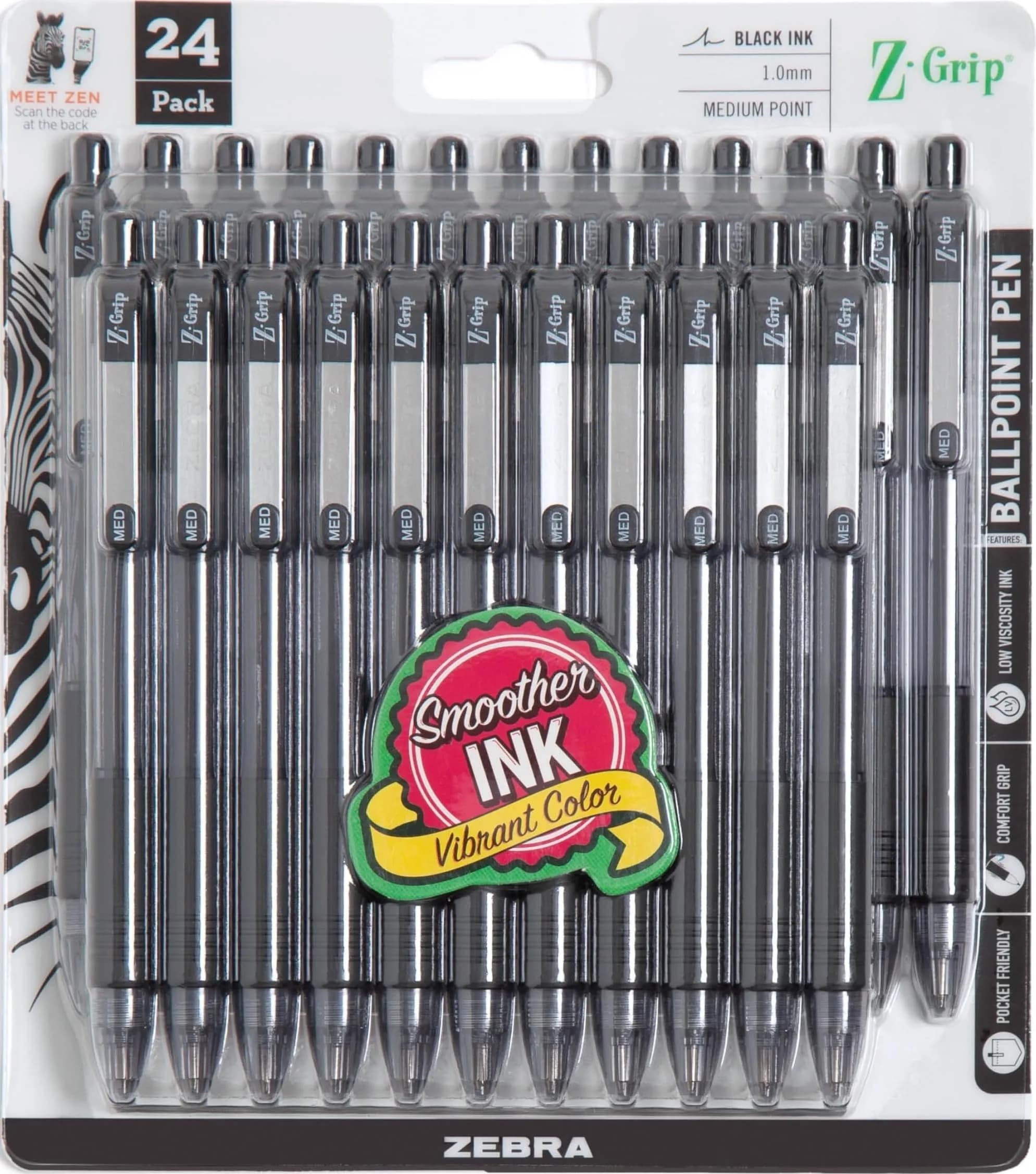 Zebra Pen Z-Grip Retractable Ballpoint Pens, Black Ink, 1.0mm Medium Point, 24-Pack | Smooth Writing for Students & Professionals - main product image