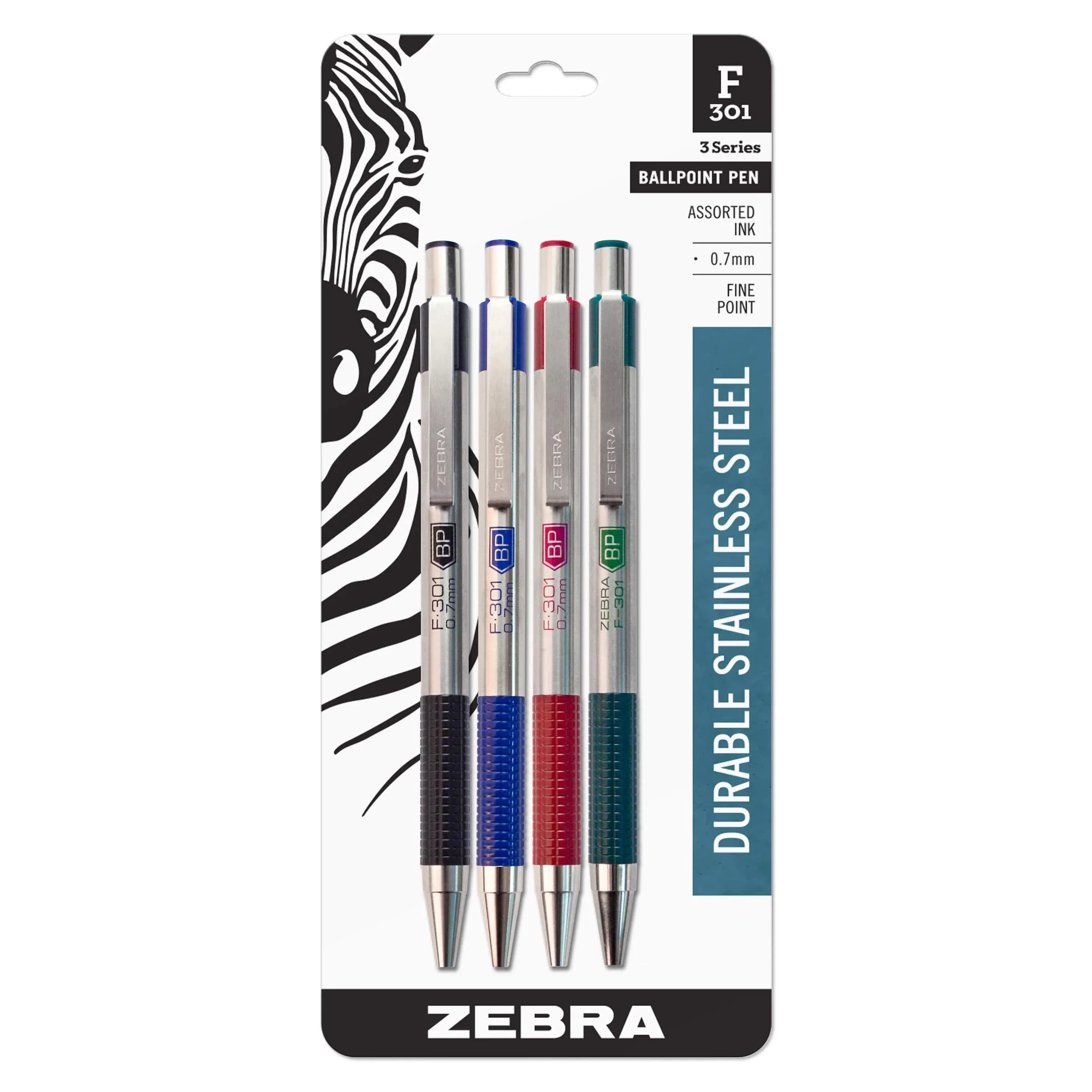 Zebra Pen F-301 Signature Series Retractable Ballpoint Pen, 0.7mm Black Ink, Blue D Barrel, Single Pen — Black/Blue/Red/Green / 4