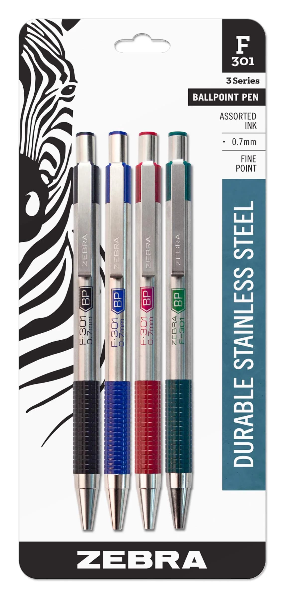 Zebra Pen F-301 Signature Series Retractable Ballpoint Pen Set - Black, Blue, Red & Green Ink, Stainless-Steel Barrel, 4-Pack - main product image