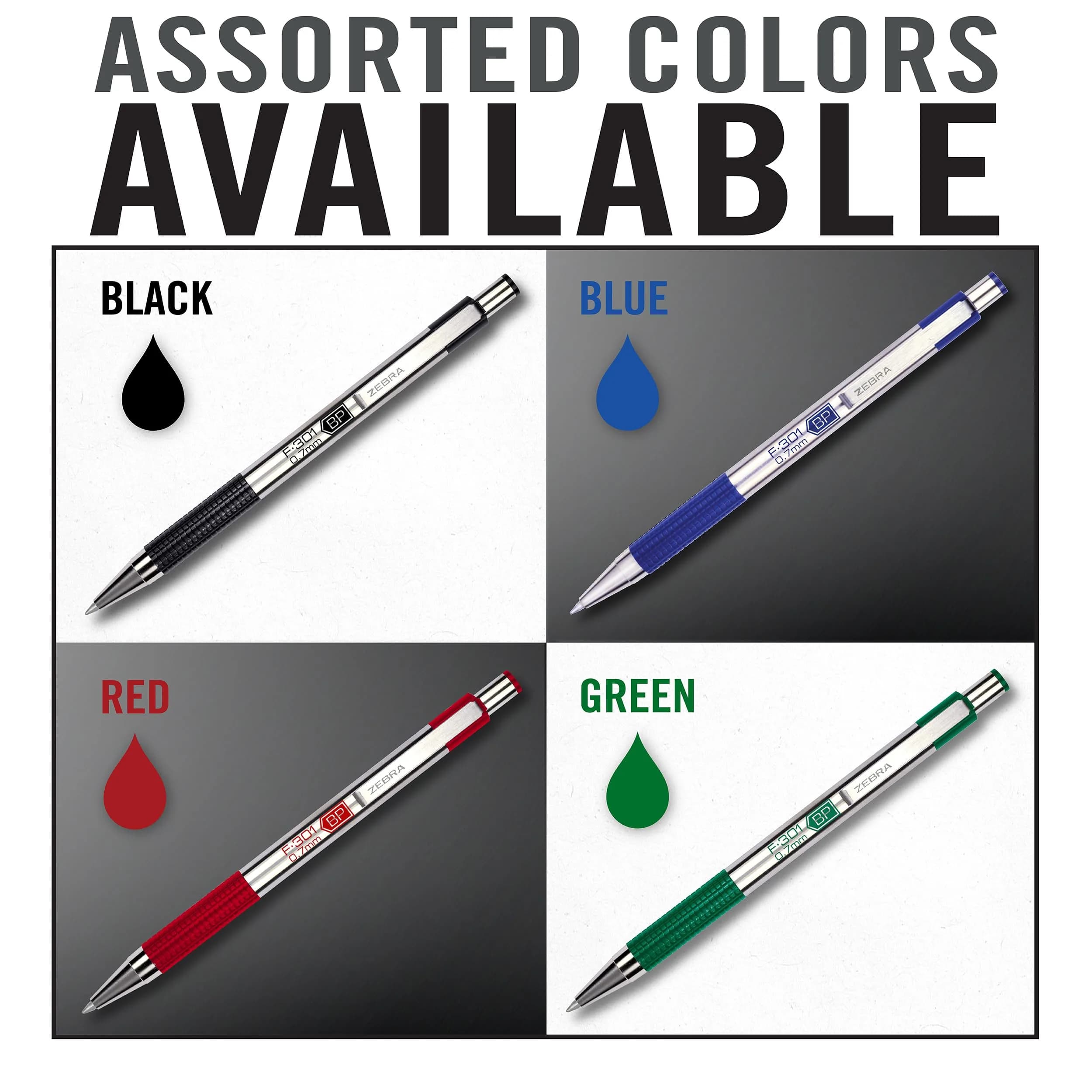 Zebra Pen F-301 Signature Series Retractable Ballpoint Pen Set - Black, Blue, Red & Green Ink, Stainless-Steel Barrel, 4-Pack - view 2