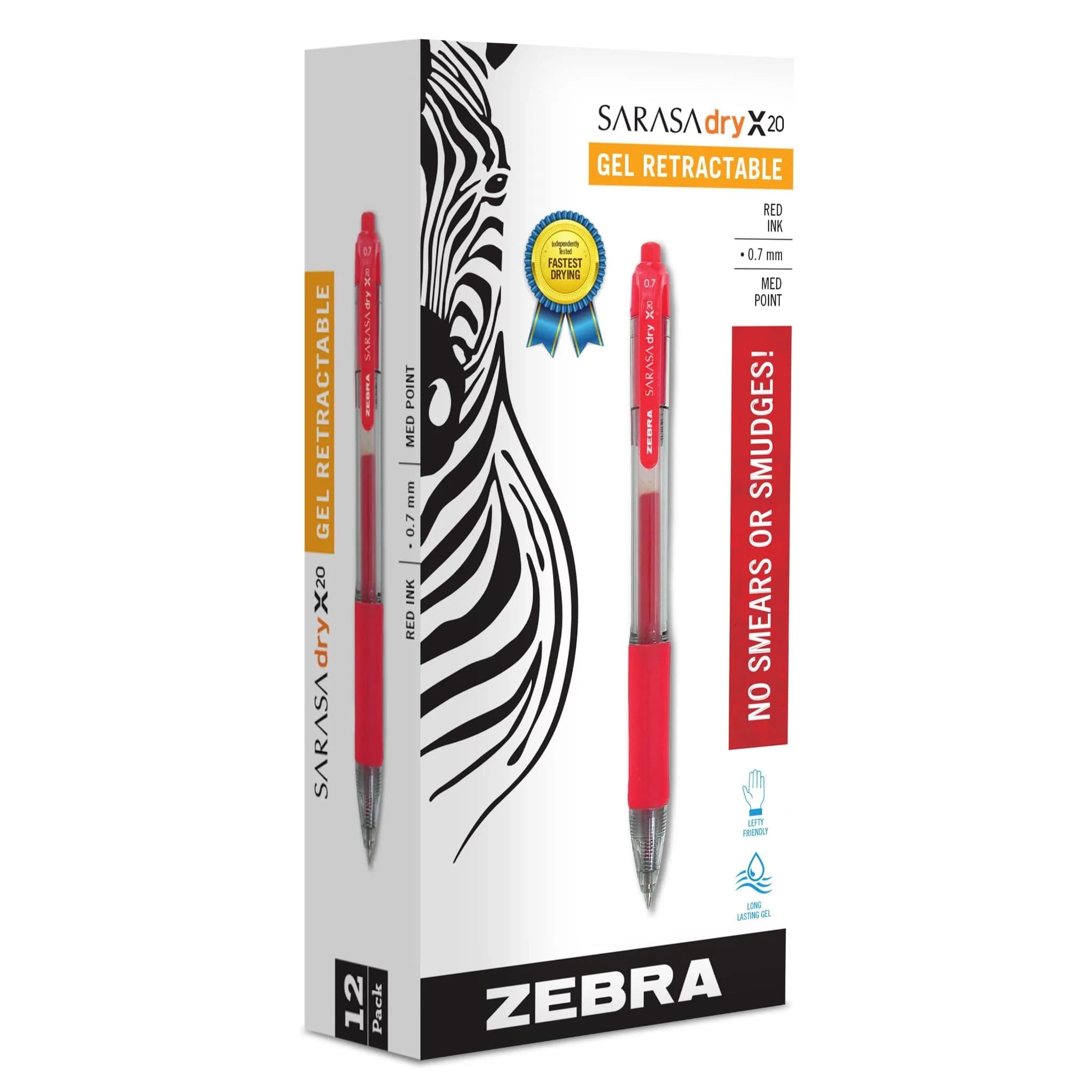 Zebra Pen SARASA Dry X20 Retractable Gel Pen 0.7mm (12-Pack, Black Ink) | Rapid Dry Ink, Smear-Resistant, Ideal for Left-Handed Writers — Red A