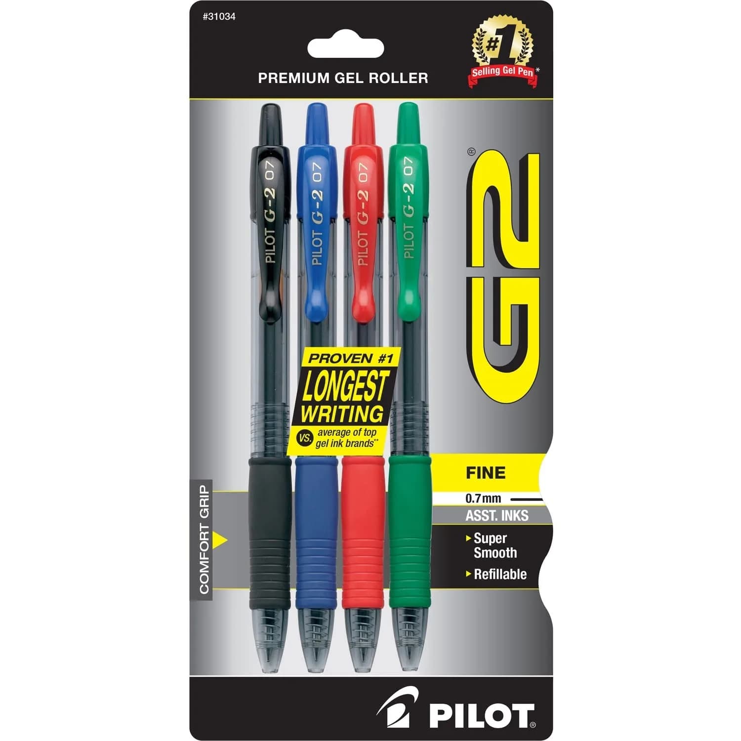 PILOT G2 Gel Ink Pens, Assorted Colors, 0.7mm Fine Point, 4-Pack | Smooth Writing & Long-Lasting Ink - main product image