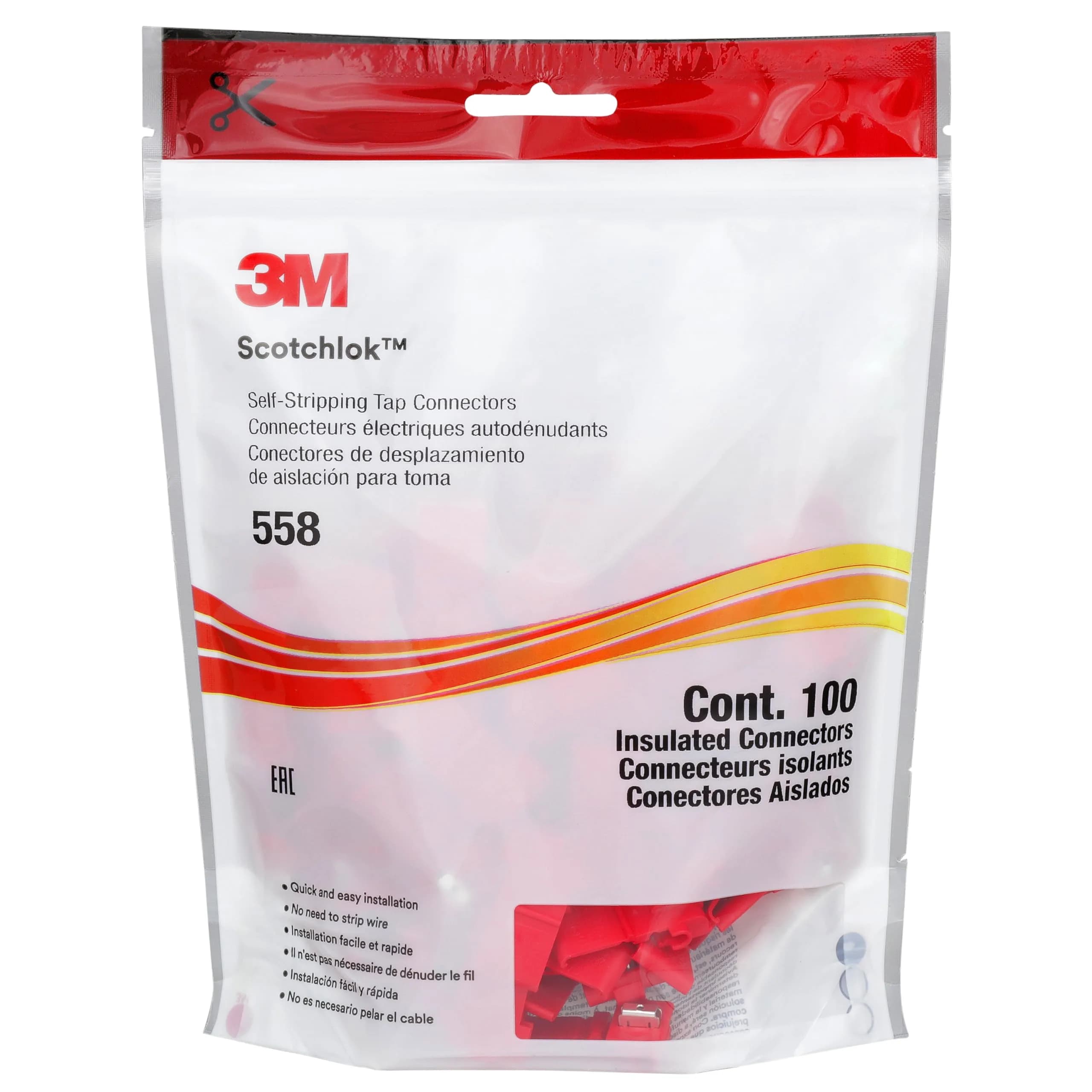 3M Scotchlok Electrical IDC 558 Connector 22-16 AWG Red 100-Pack | Self-Stripping Insulation Displacement Connector