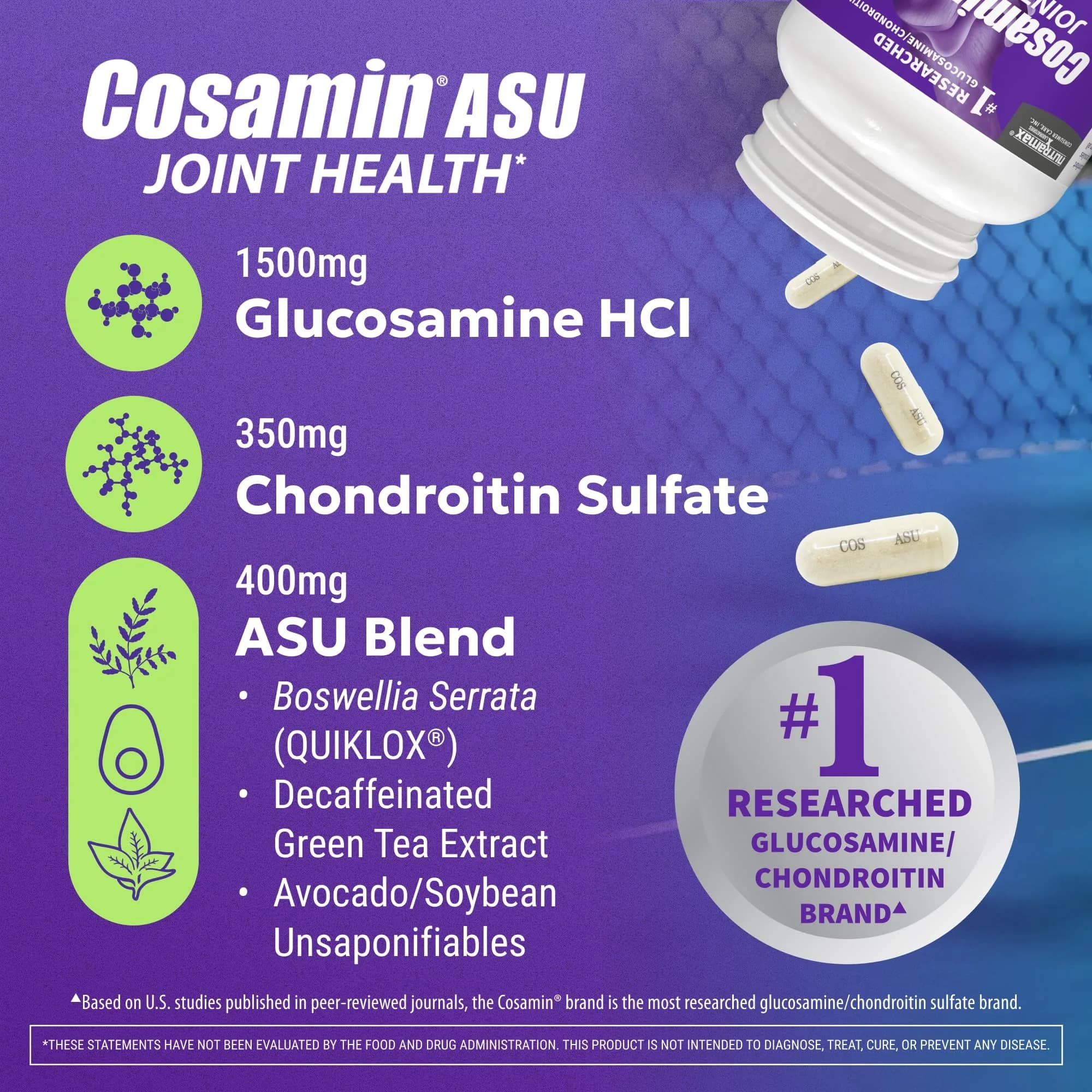 Nutramax Cosamin ASU Joint Health Supplement 90 Capsules | Faster-Acting Formula with Glucosamine, Chondroitin, ASU, and Boswellia - view 3