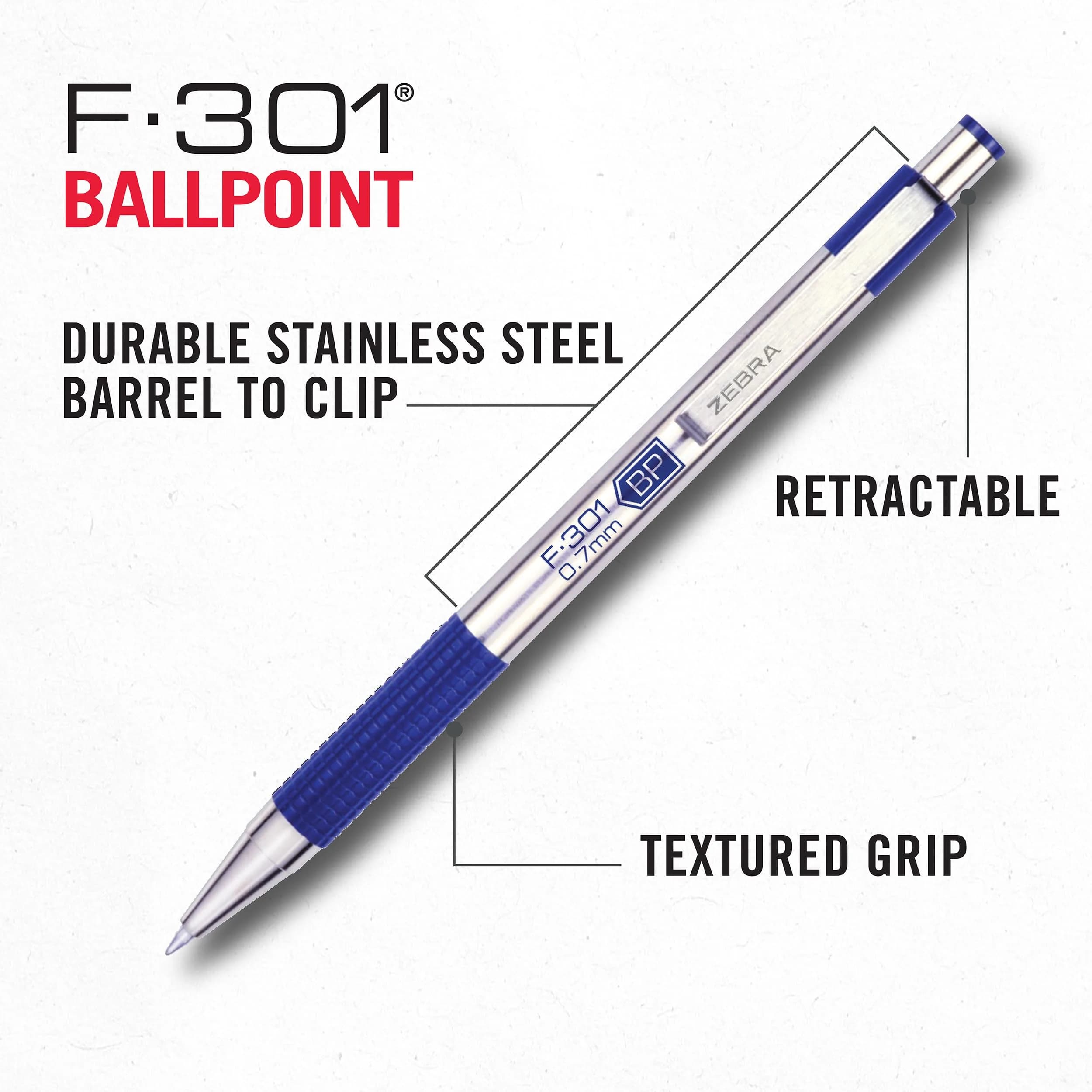Zebra Pen F-301 Signature Series Retractable Ballpoint Pen, 0.7mm Black Ink, Blue D Barrel, Single Pen - view 4