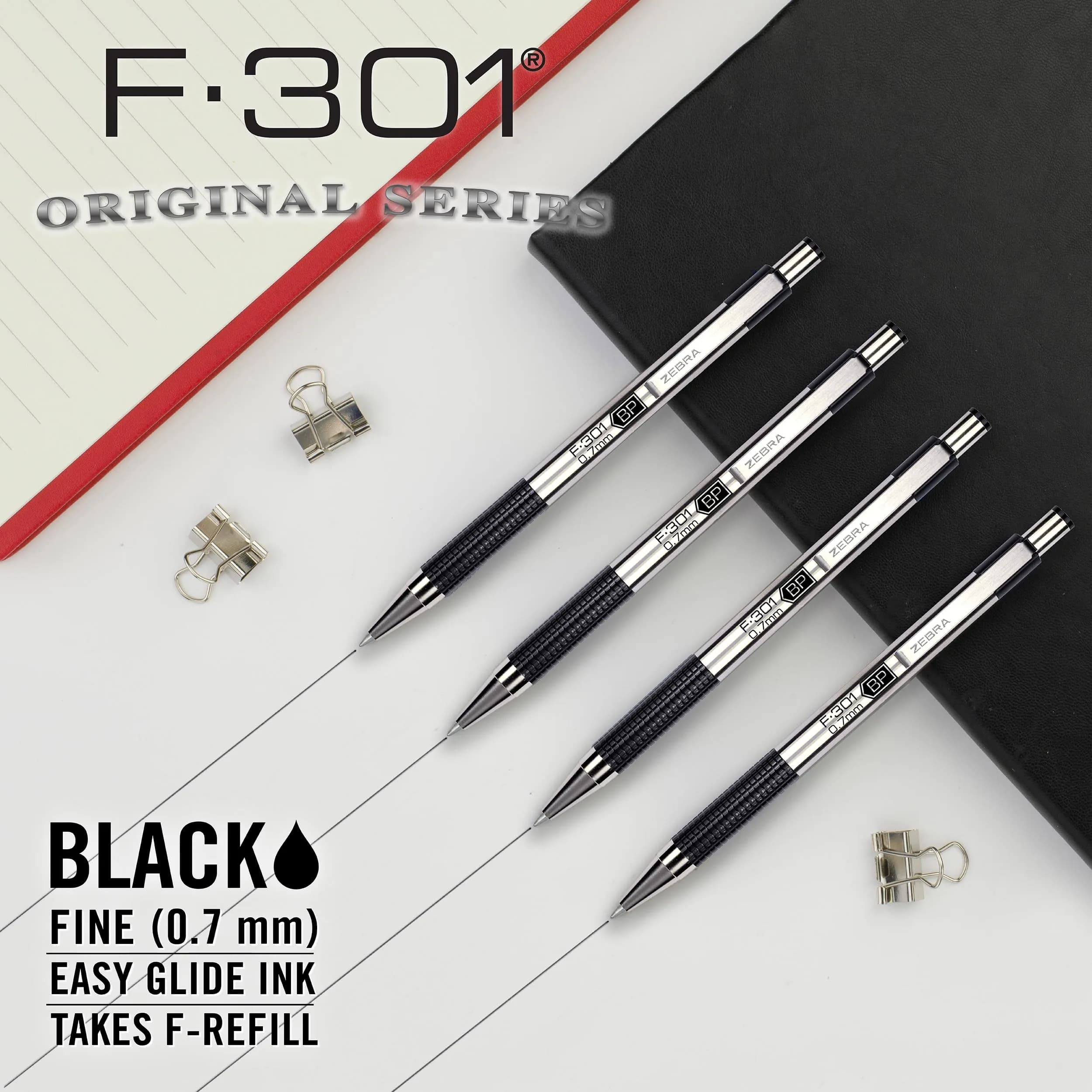 Zebra Pen F-301 Signature Series Retractable Ballpoint Pen, 0.7mm Black Ink, Stainless-Steel Barrel, Black F / 12 Pack - view 3