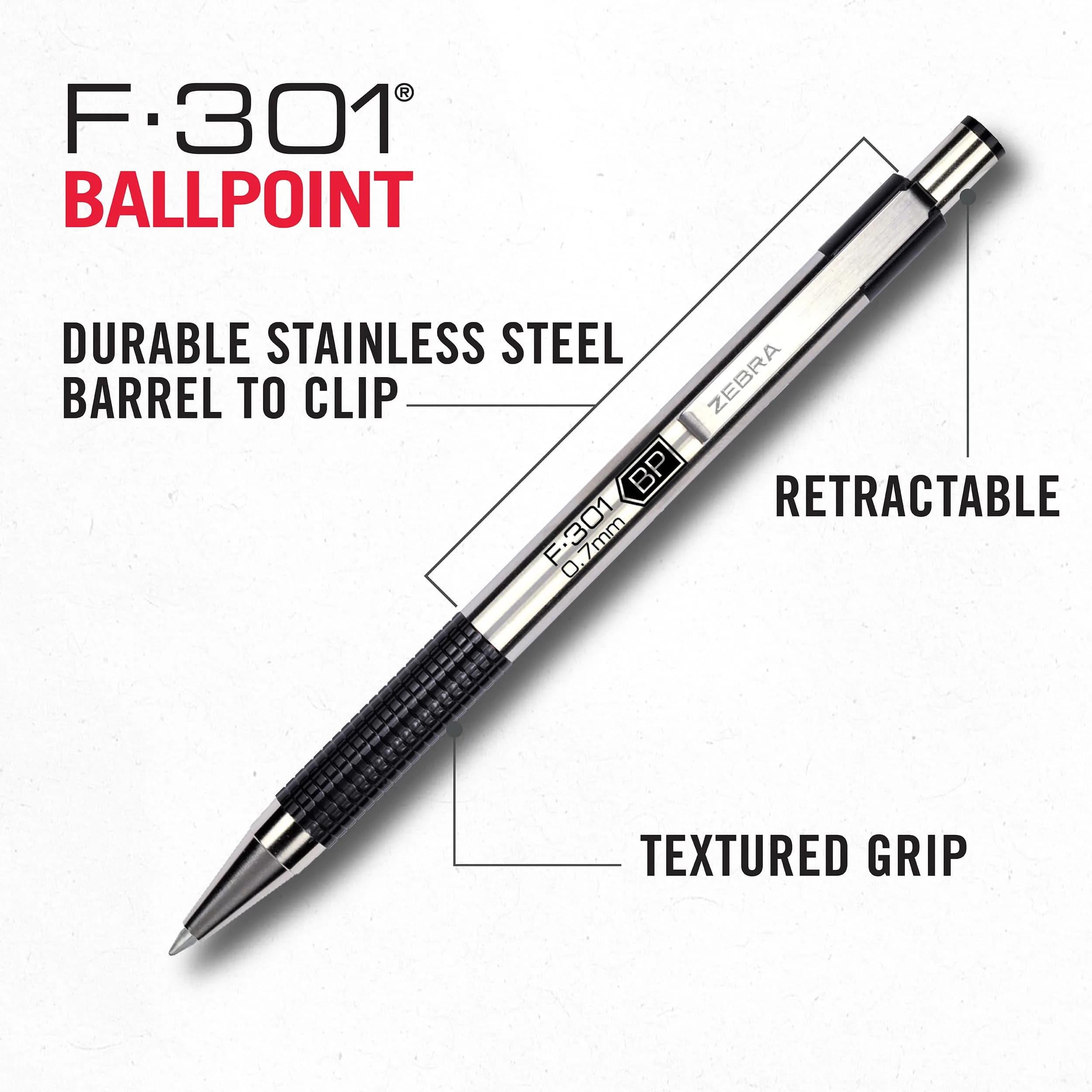 Zebra Pen F-301 Signature Series Retractable Ballpoint Pen, 0.7mm Black Ink, Stainless-Steel Barrel, Black F / 12 Pack - view 4