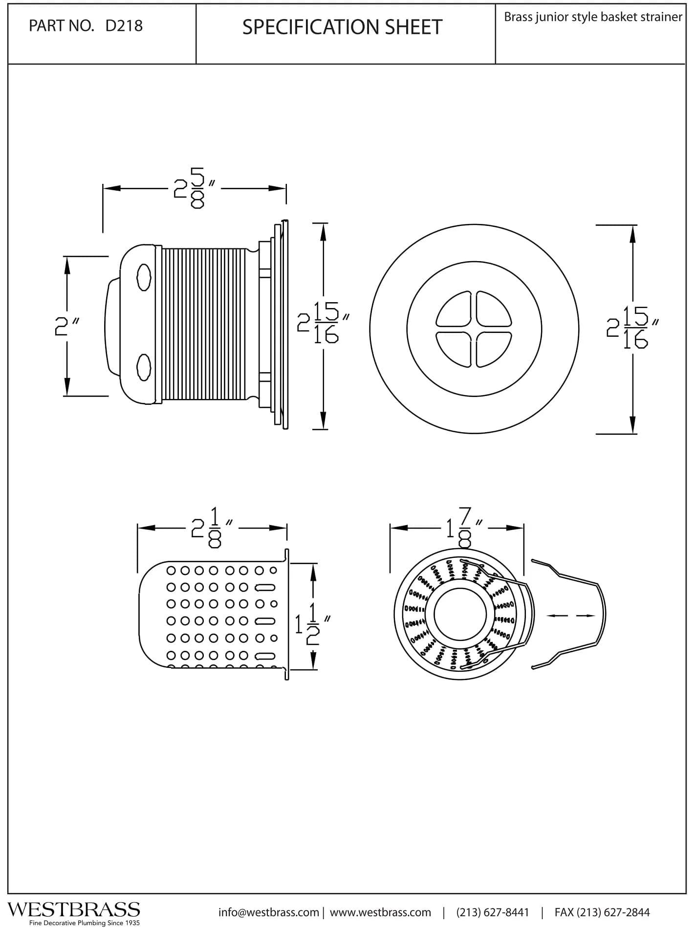 Westbrass Junior Basket Style Bar Sink Strainer White 2.63 in. Assembly Height | Solid Brass Construction - view 2
