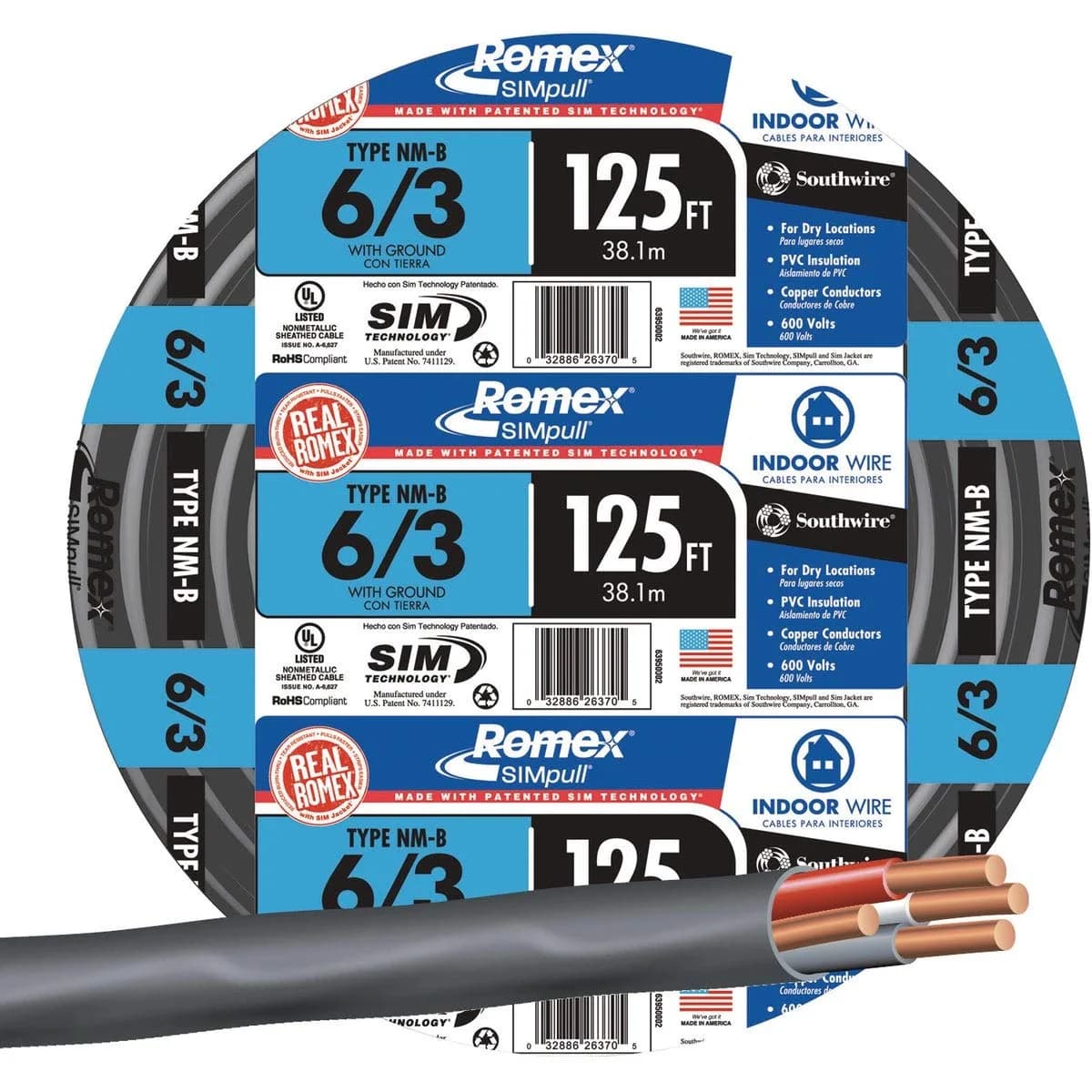 Southwire 63950002 125ft. 6 Gauge 3 Conductor NM-B Cable Black | Indoor Nonmetallic Sheathed Copper Wire