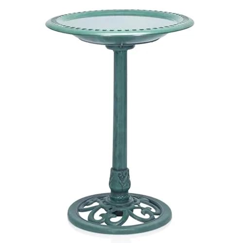 Alpine Corporation Aged Green Pedestal Birdbath with Scrollwork 28" Tall | Attracts Birds Safely thumbnail 1