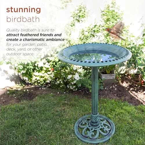 Alpine Corporation Aged Green Pedestal Birdbath with Scrollwork 28" Tall | Attracts Birds Safely thumbnail 4