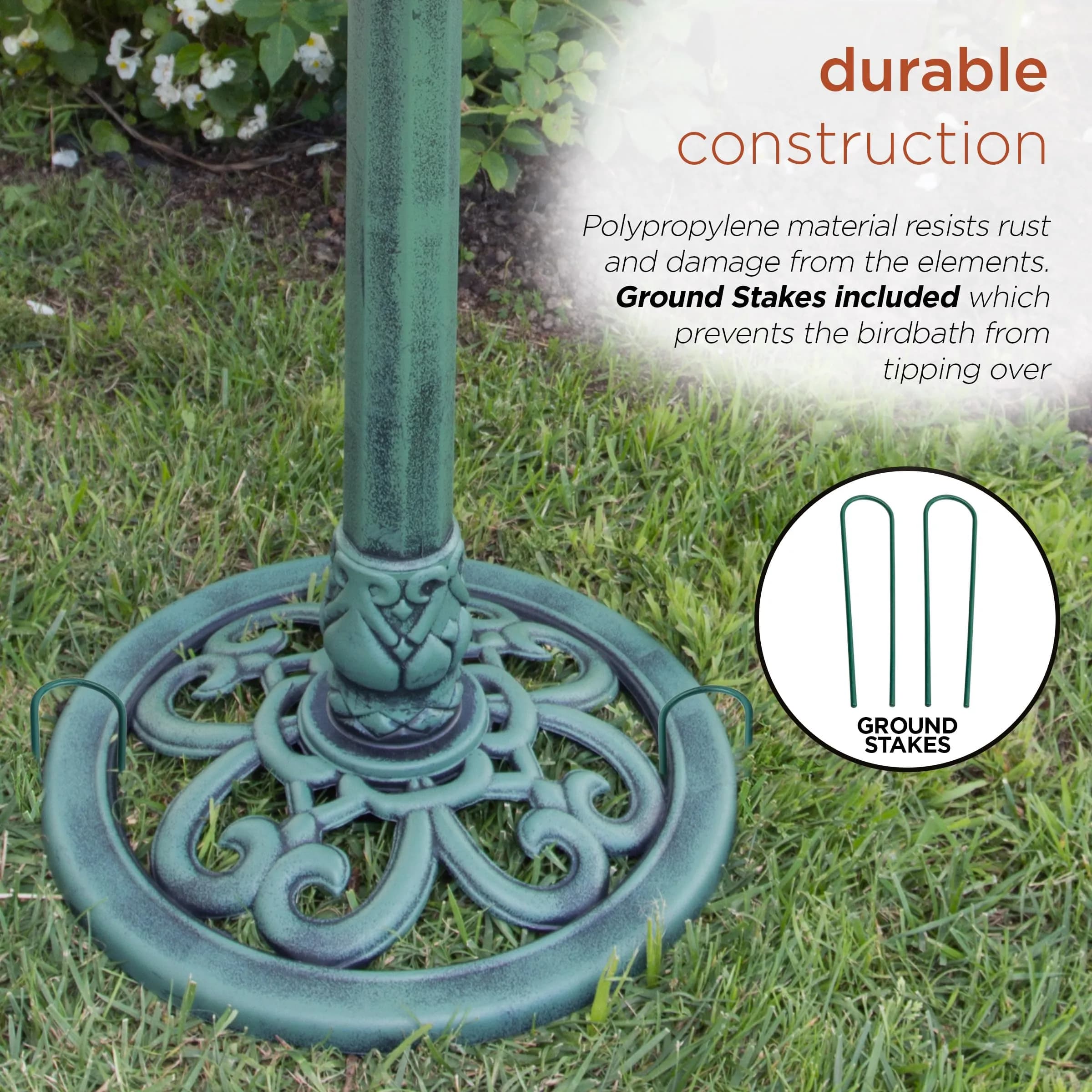Alpine Corporation Aged Green Pedestal Birdbath with Scrollwork 28" Tall | Attracts Birds Safely - view 7